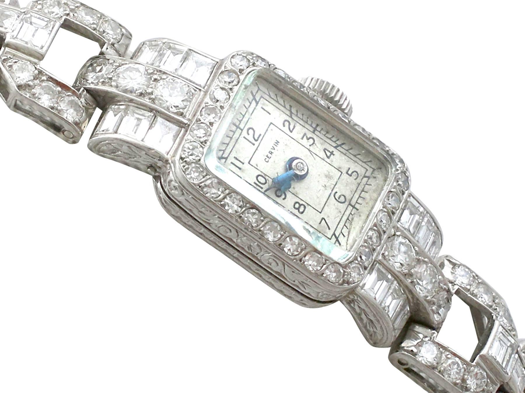 A fine and stunning vintage diamond cocktail watch in platinum, with 3.35 carat (total) diamonds; part of our diverse vintage watch and diamond jewelry collections

This stunning ladies' diamond cocktail watch made by Cervin has been crafted in