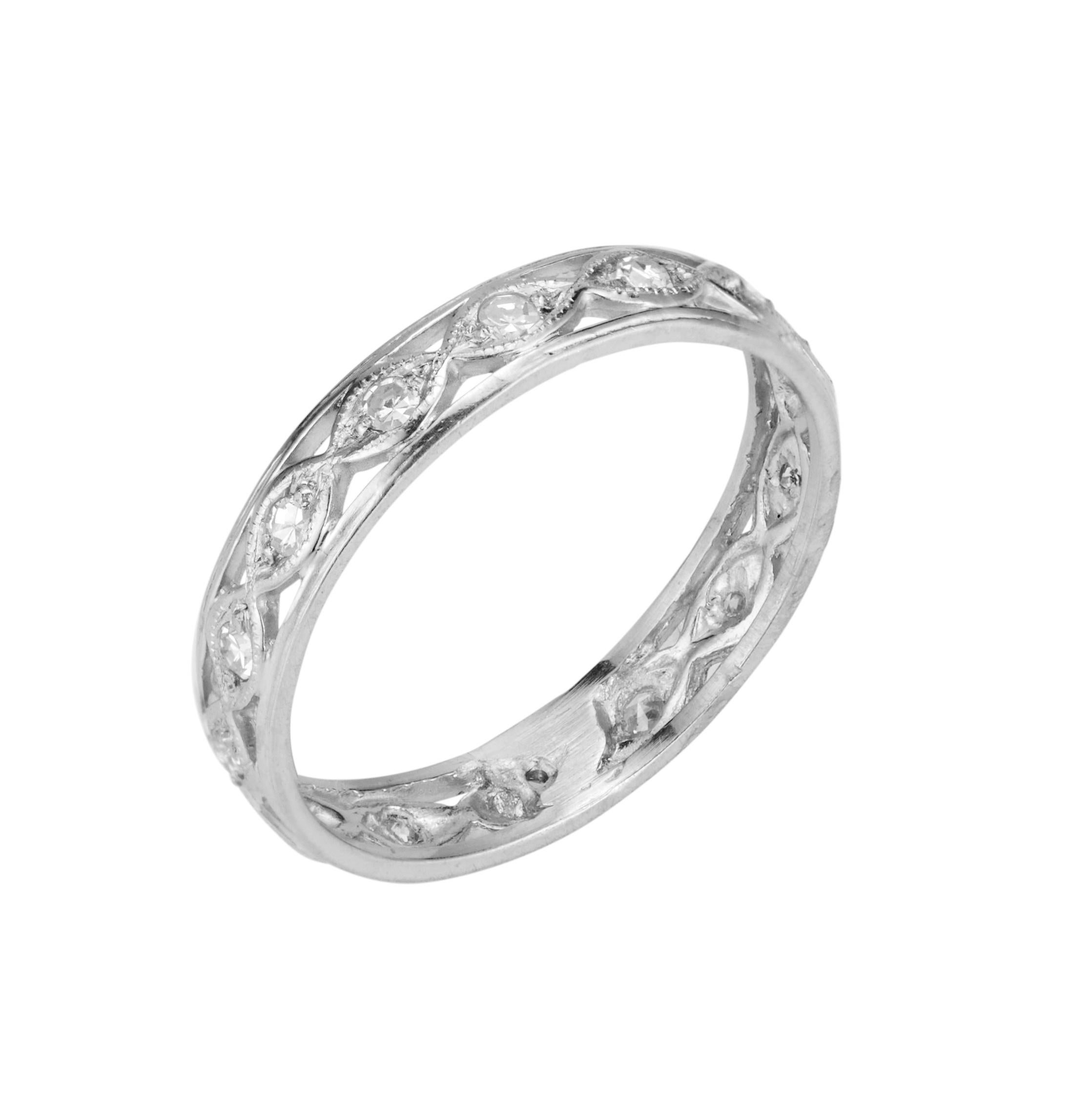 Estate 1940's 14 single cut diamond open work eternity wedding band. Size 9.5 and not sizable 

14 single cut diamonds, I SI approx. .35cts
Size 9.5 and not sizable 
Platinum 
3.7 grams
Width at top: 4.2mm
Height at top: 1.5mm
Width at bottom: