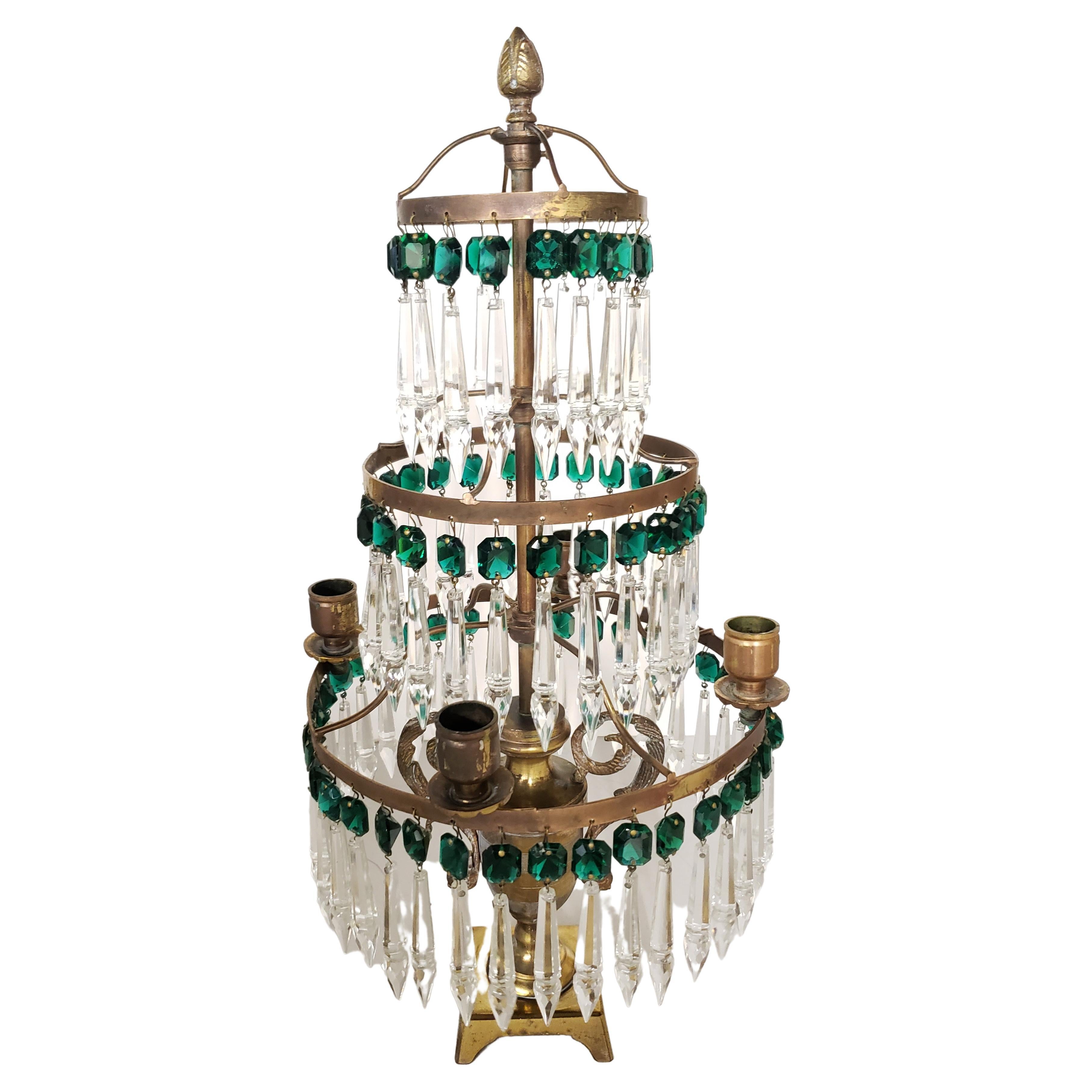Edwardian 1940s 4-Arm Brass and Crystal Pendants Mounted Lustre Candelabras For Sale