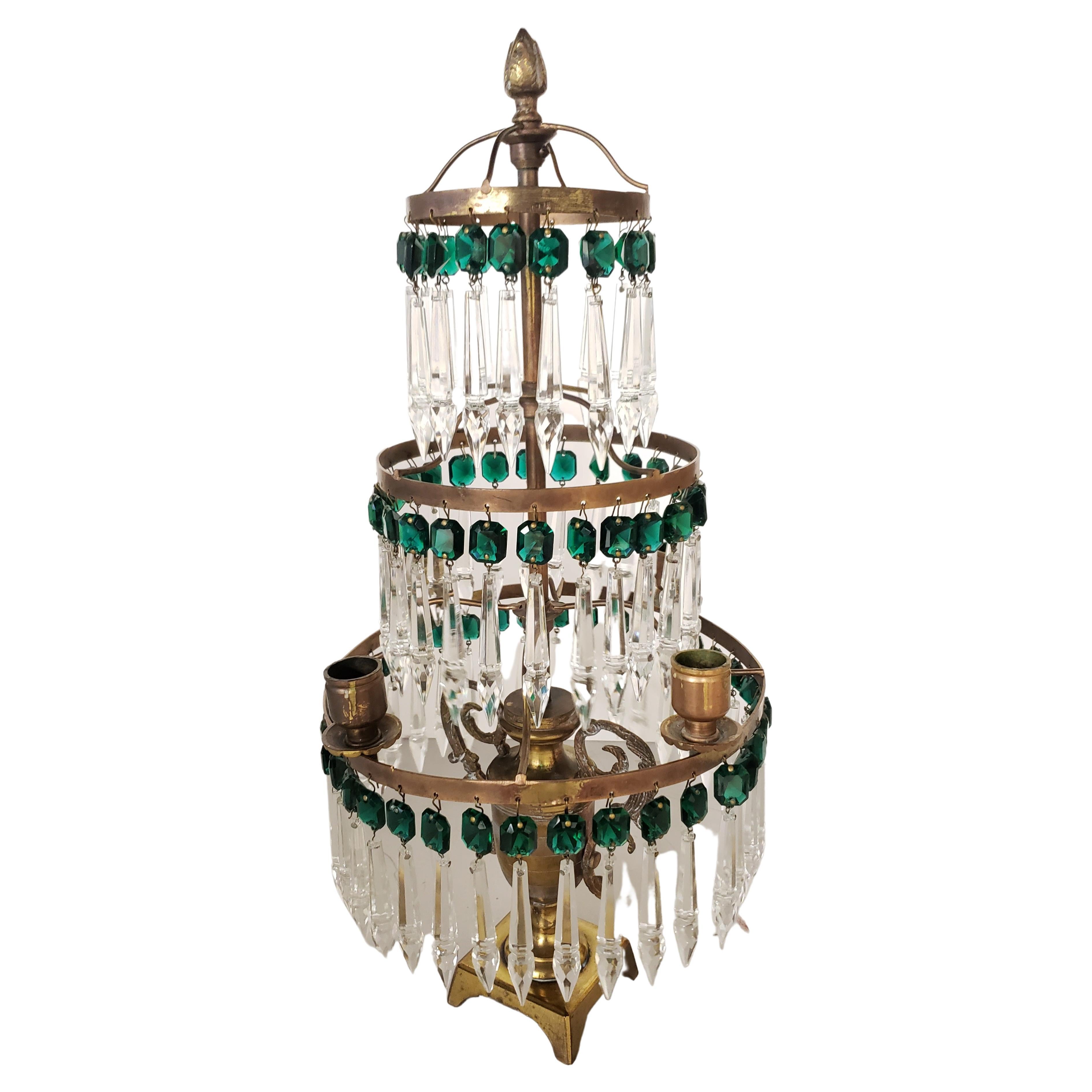 Other 1940s 4-Arm Brass and Crystal Pendants Mounted Lustre Candelabras For Sale