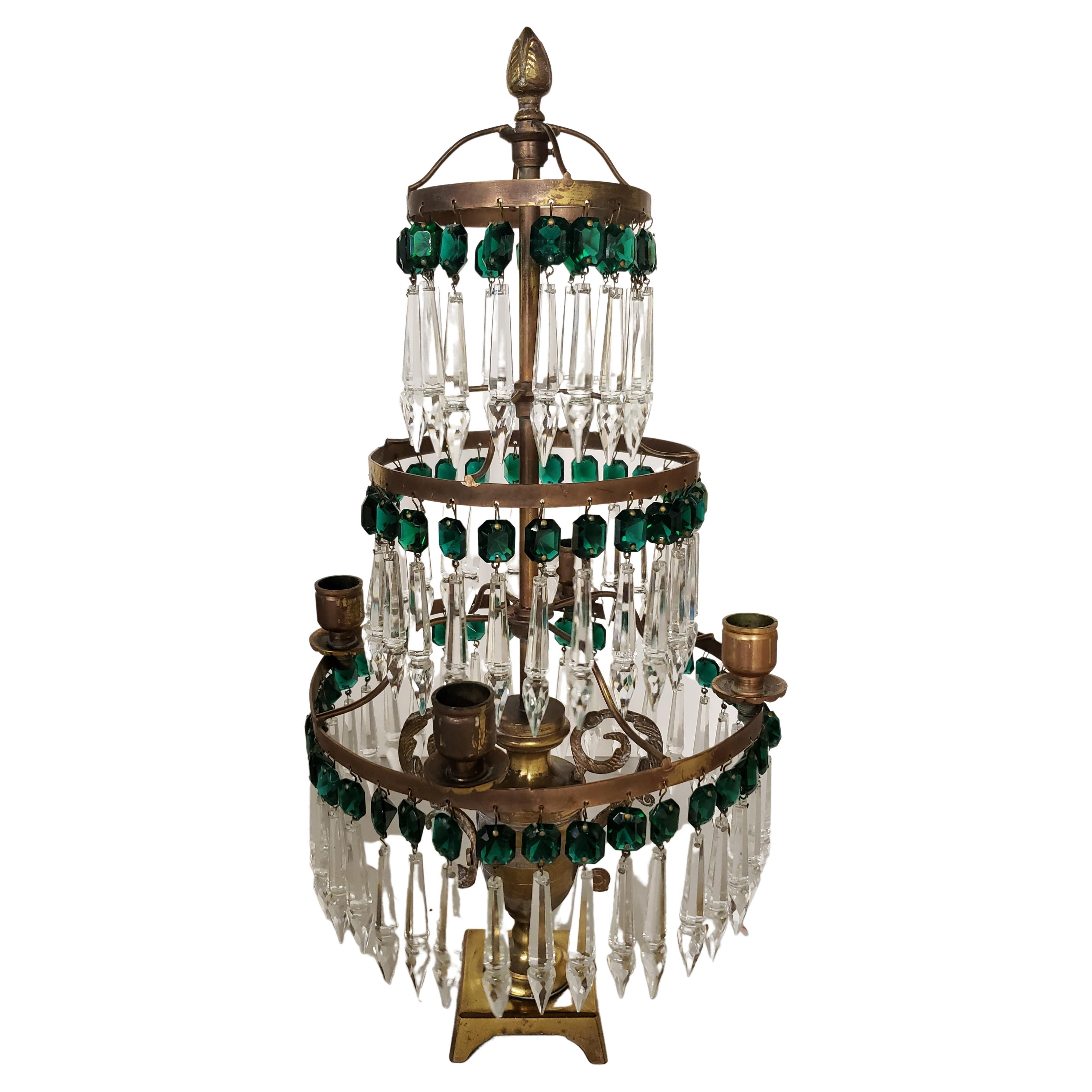 1940s 4-Arm Brass and Crystal Pendants Mounted Lustre Candelabras For Sale