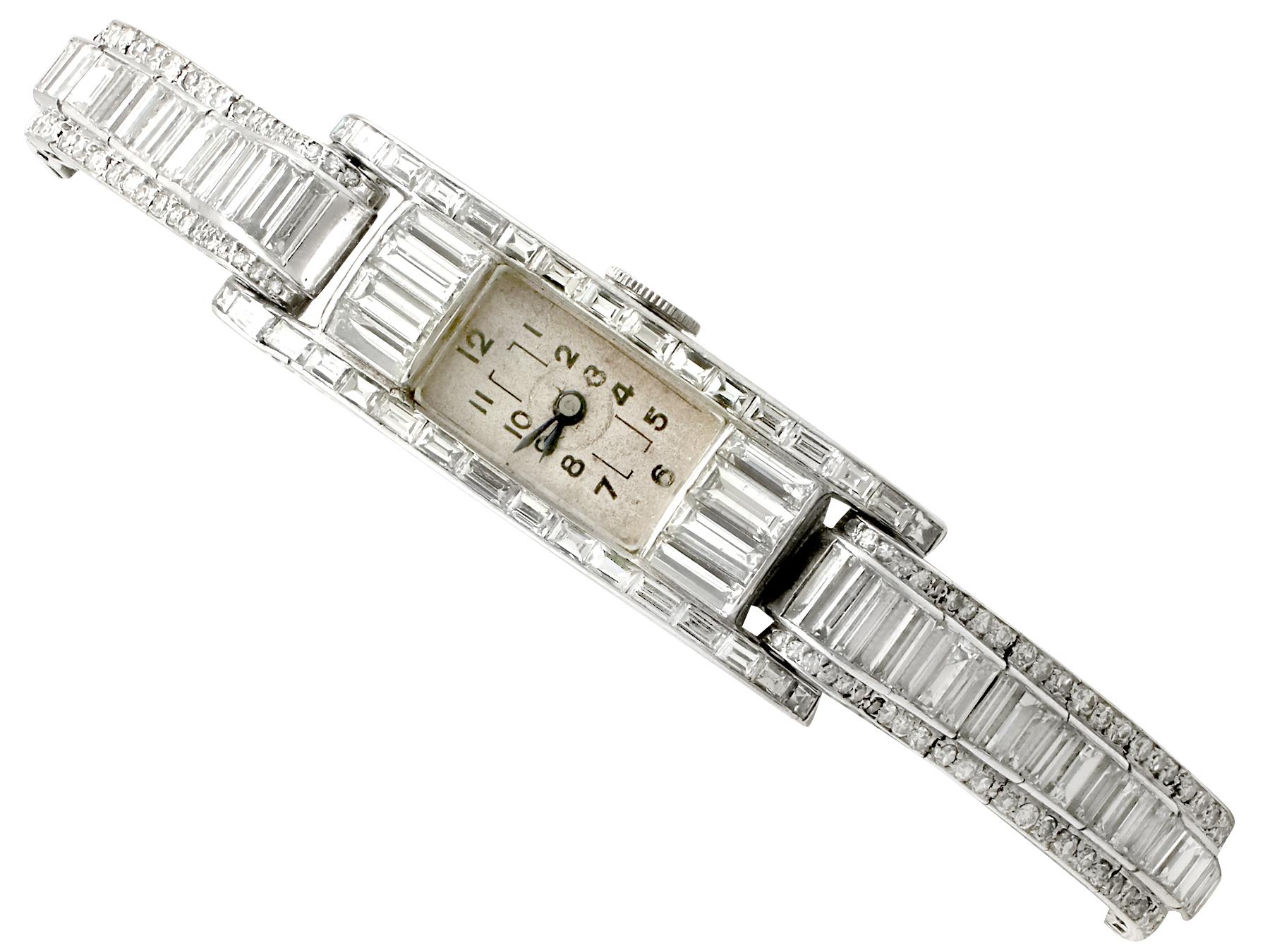 This stunning vintage 1940s ladies watch has been crafted in platinum, with a bracelet style strap.

This ladies Art Deco style diamond wristwatch has a rectangular, off-white, aged face with simple black Arabic hour numerals, and is fitted with