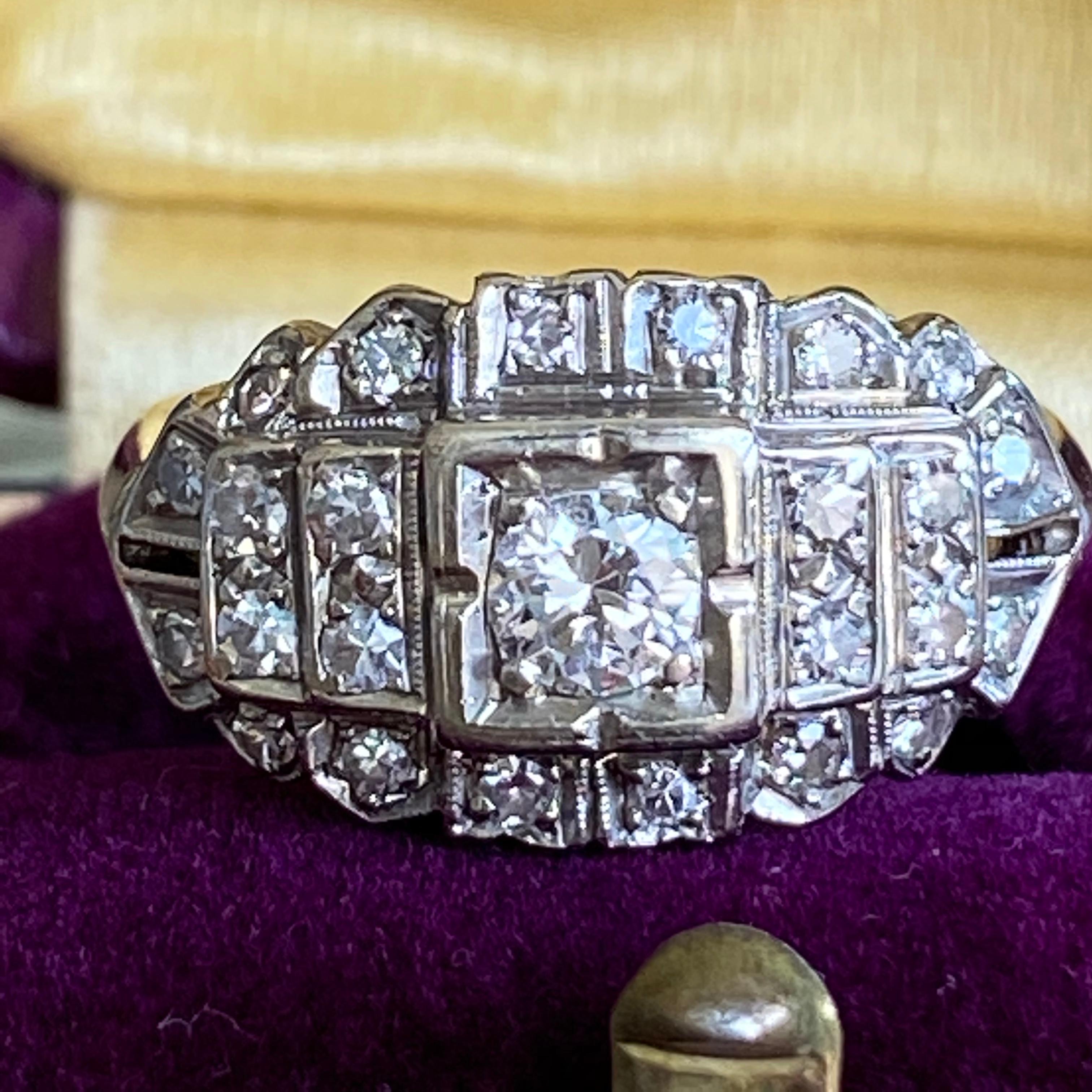 Details:
Sweet 1940's .49ct diamond (total carat weight) ring set in 14K yellow & white gold. This would make a lovely engagement ring! This ring comes with an appraisal. You will not be disappointed! Please ask all necessary questions prior to