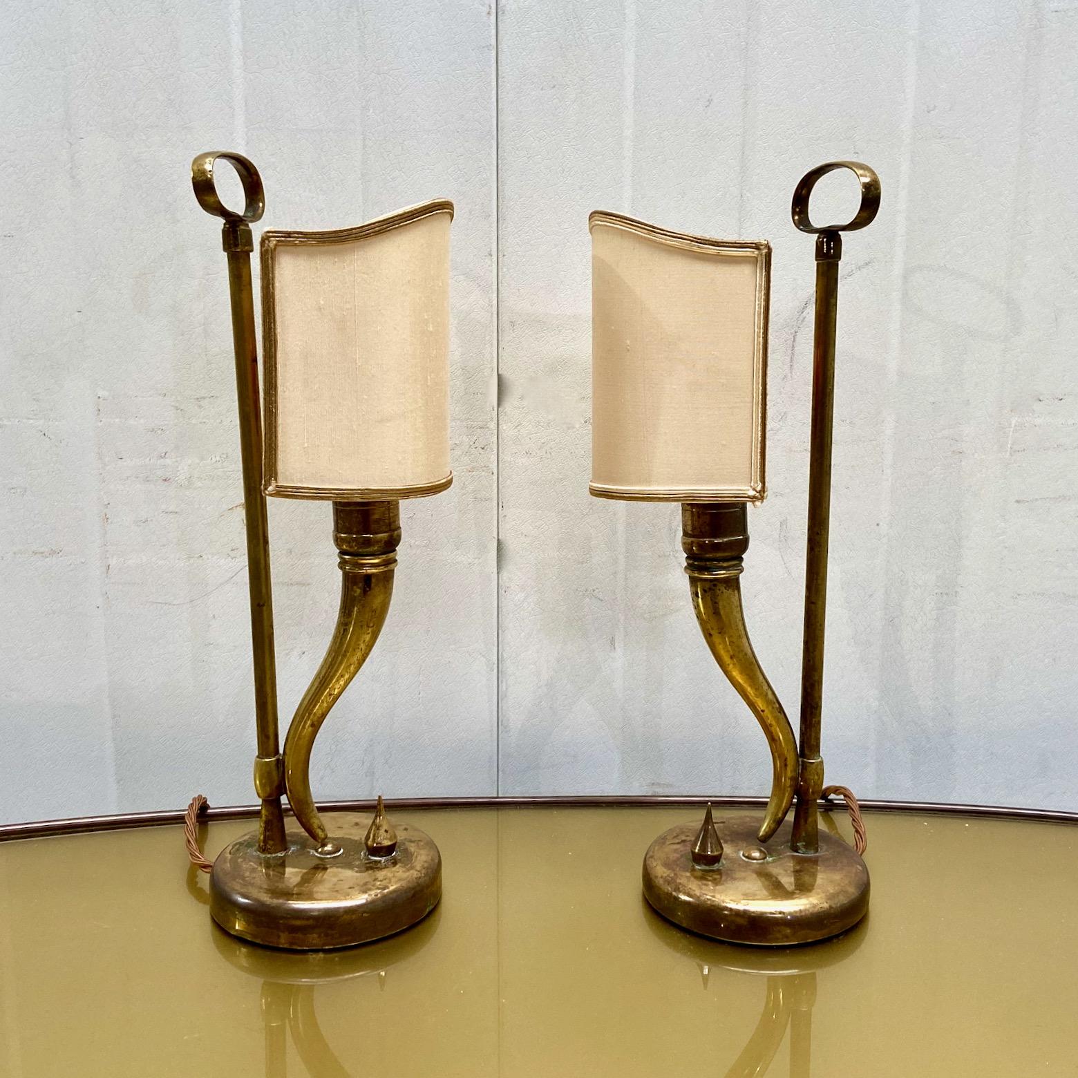 Mid-Century Modern Pair 1940s / 50s Brass Table Lamps attributed to Gio Ponti and Emilio Lancia For Sale