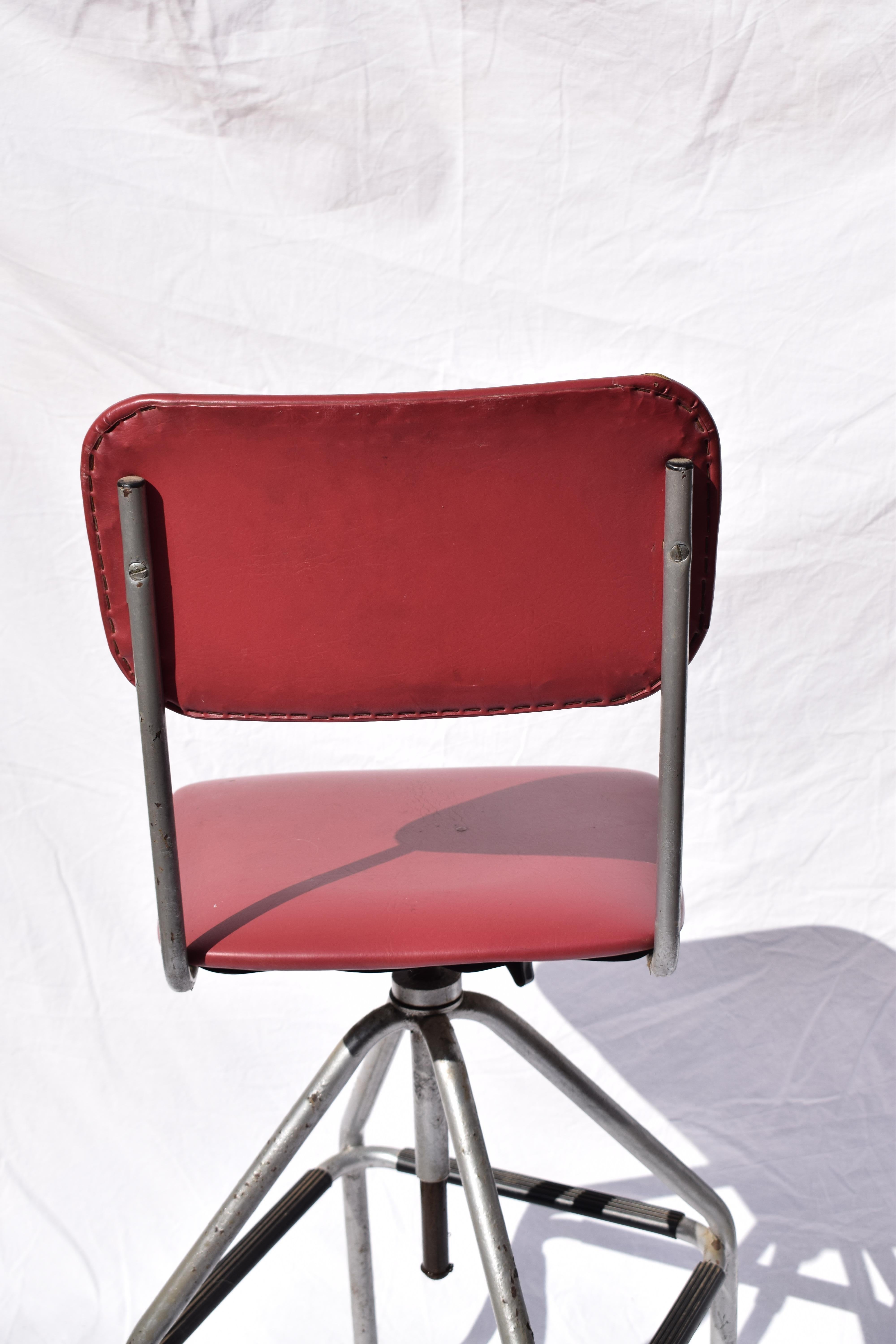 Metal 1940s - 1950s Industrial English Red Drafting Swivel Chair