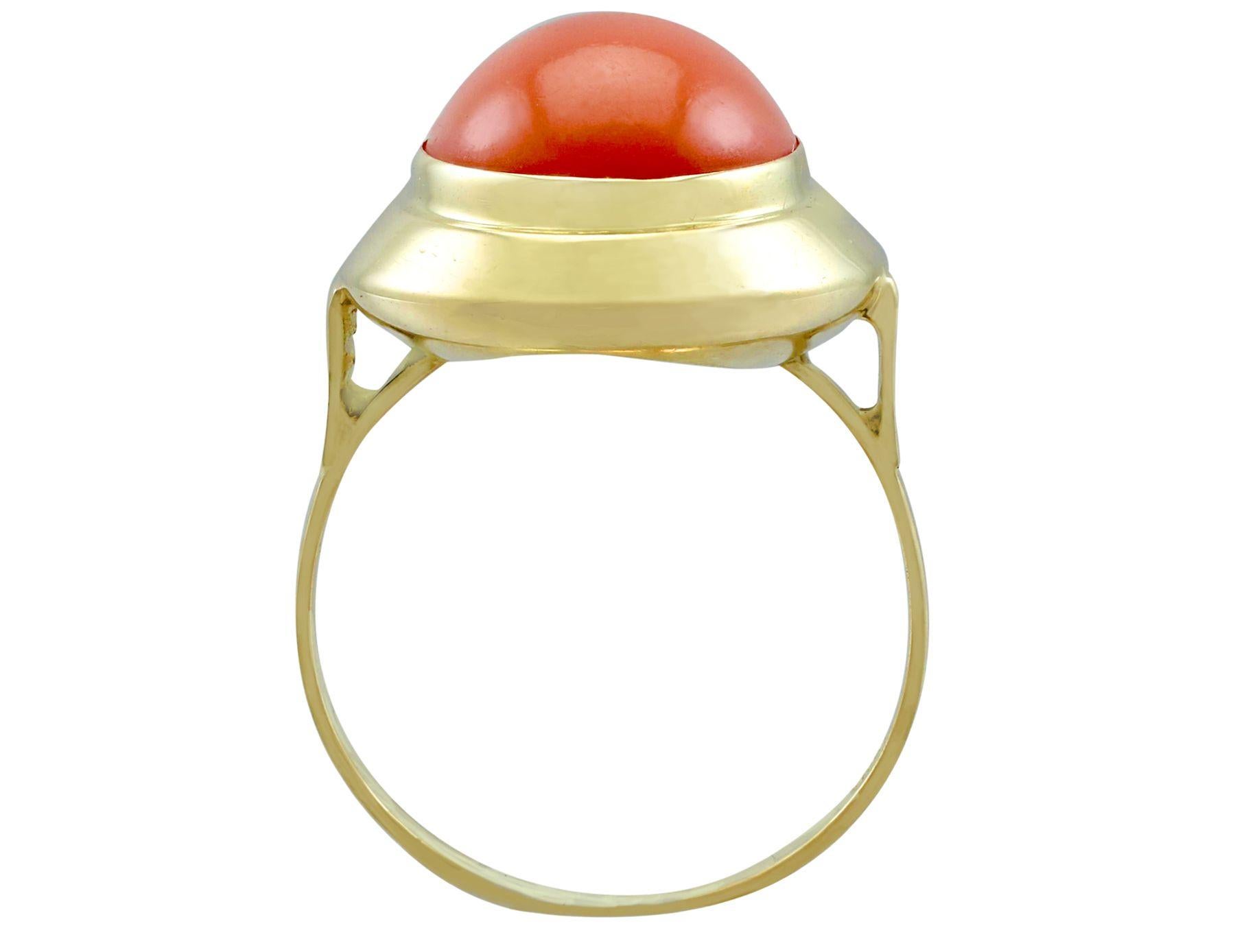 Women's or Men's 1940s 5.75 Carat Cabochon Cut Red Coral and Yellow Gold Ring For Sale