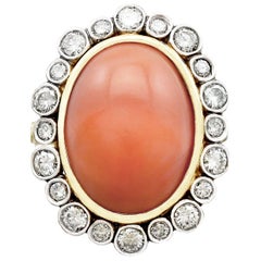 1940s 6.04 Carat Coral and 1.32 Carat Diamond and Gold Cluster Ring