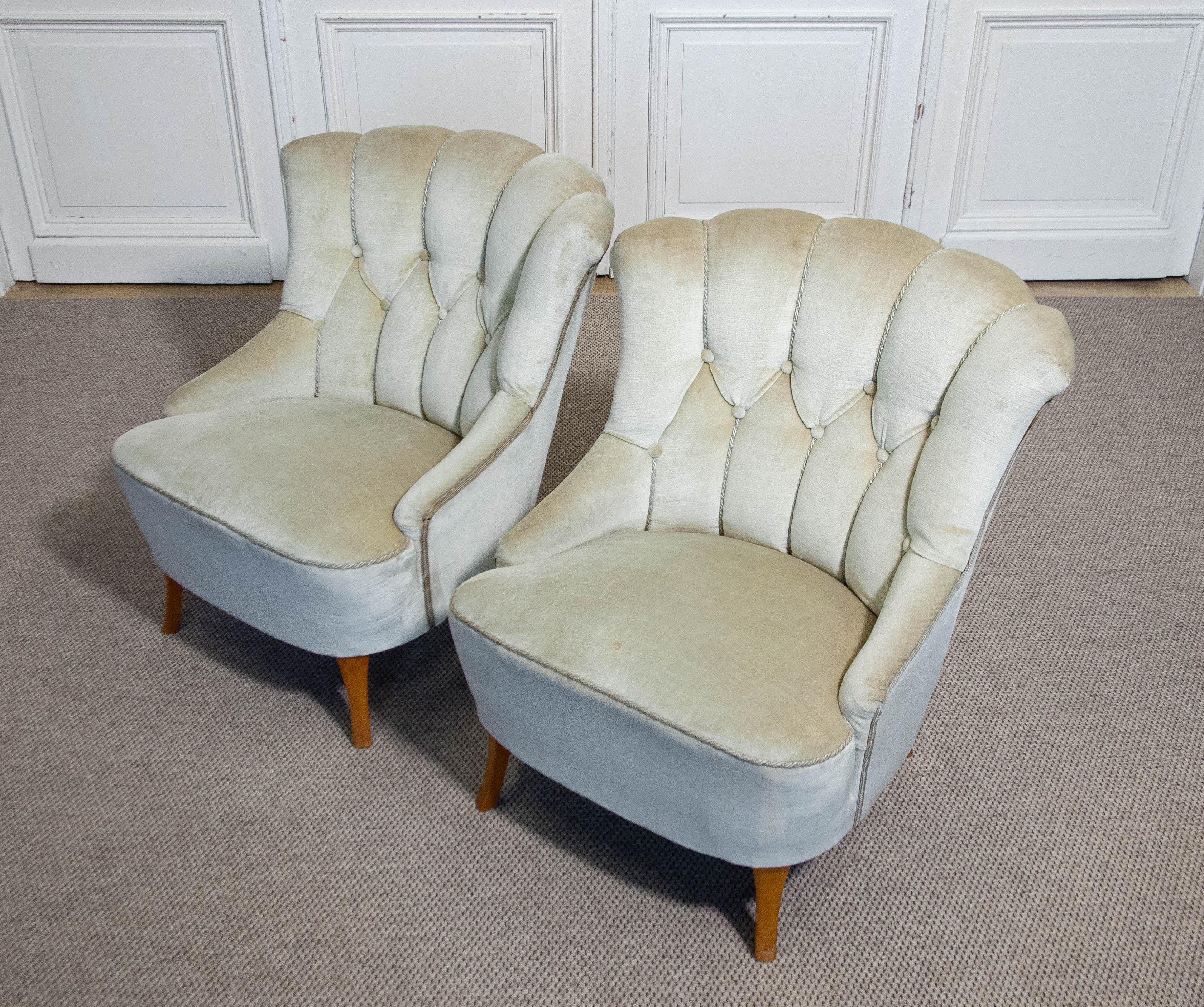 Velvet 1940s A Pair of Green slipper Chairs Sweden For Sale