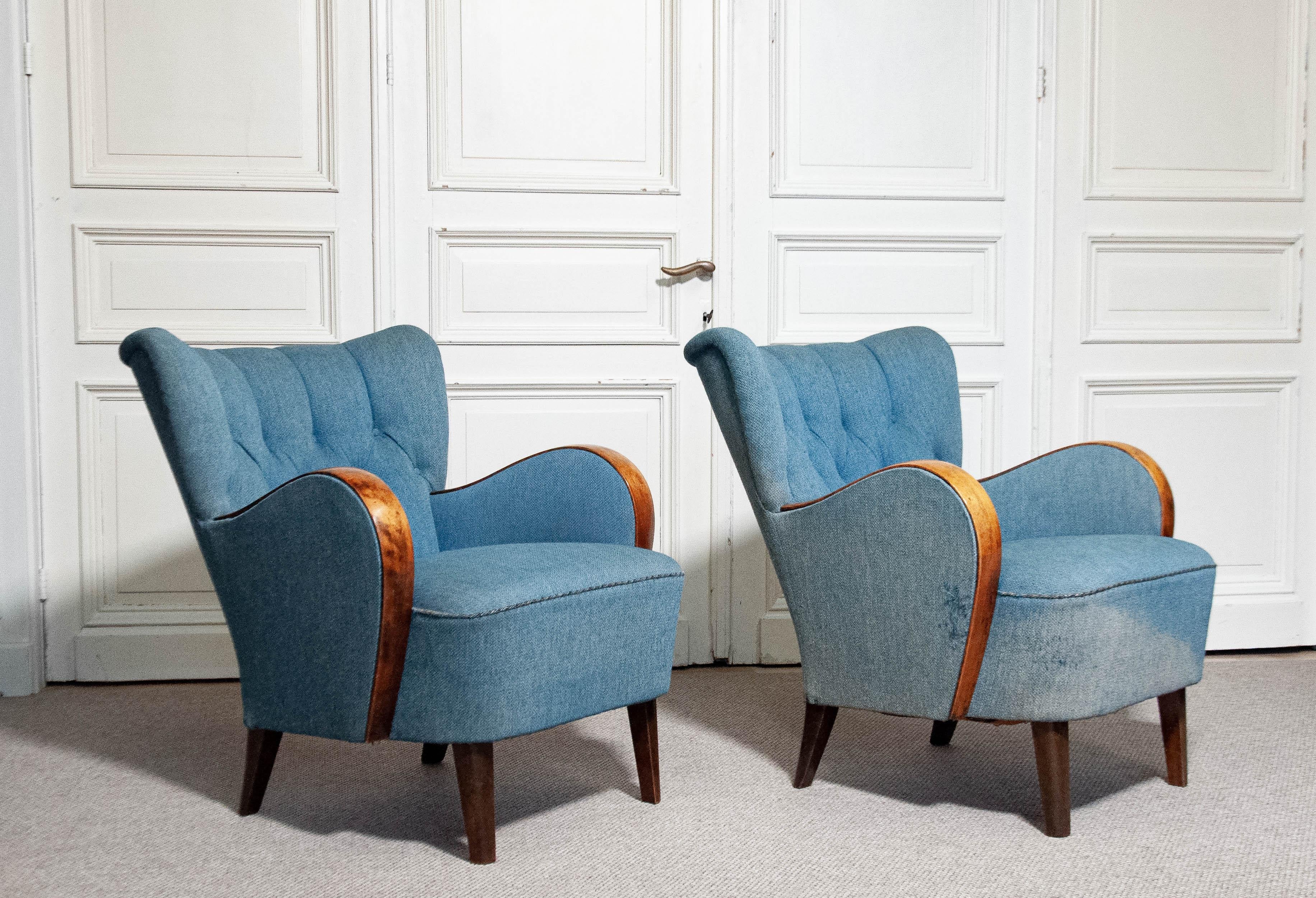 Tissu Paire de chaises longues suédoises Art Nouveau des années 1940 en vente