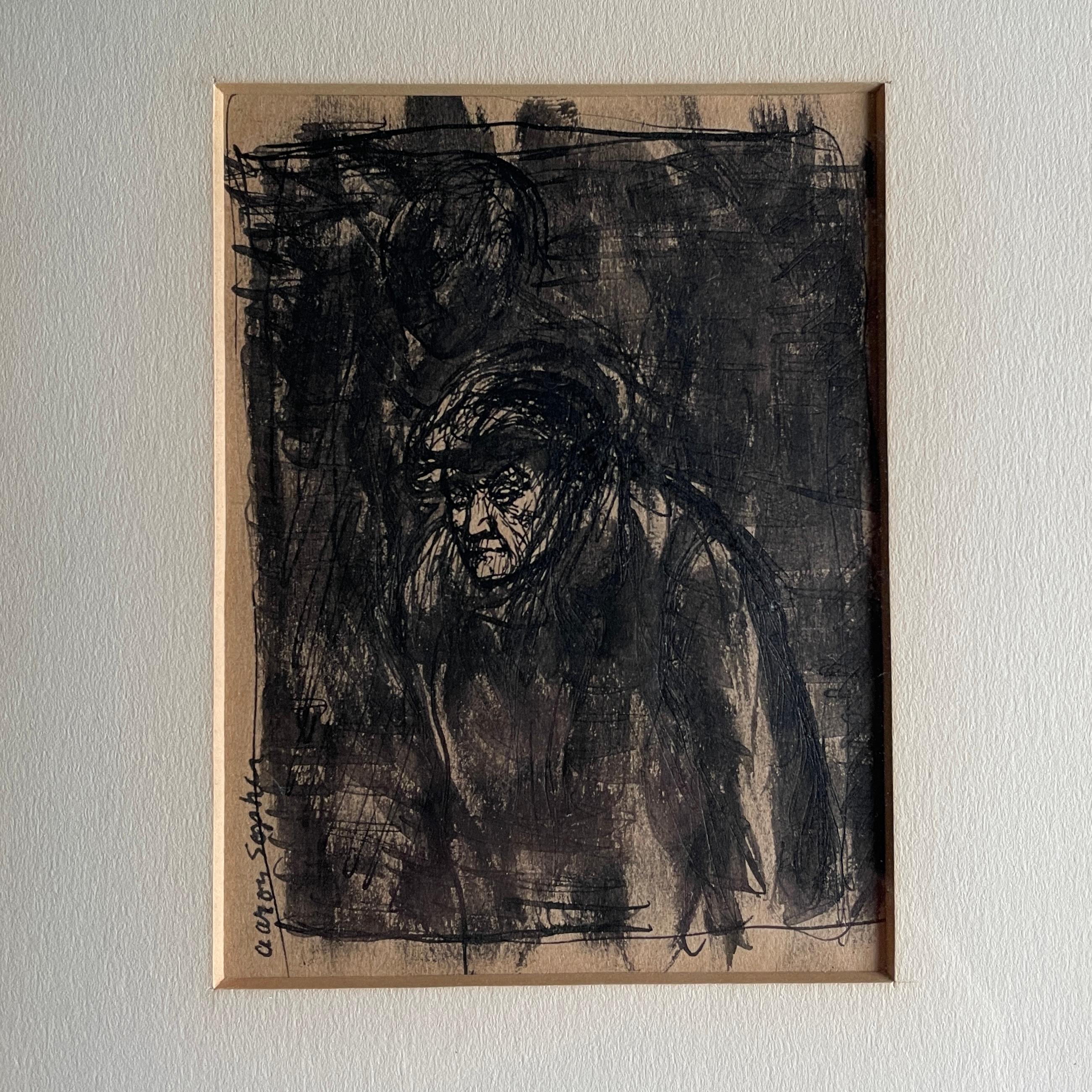 Aaron Sopher, Lavado de tinta, Sin título, (El sujeto es una mujer con gorro de invierno.)  Fecha exacta desconocida. Desconchones en el acabado del marco antiguo.

Marco Ancho 9,75 x Alto 11,75 pulg.
Imagen An 3 x Al 4 pulg.

Aaron Sopher