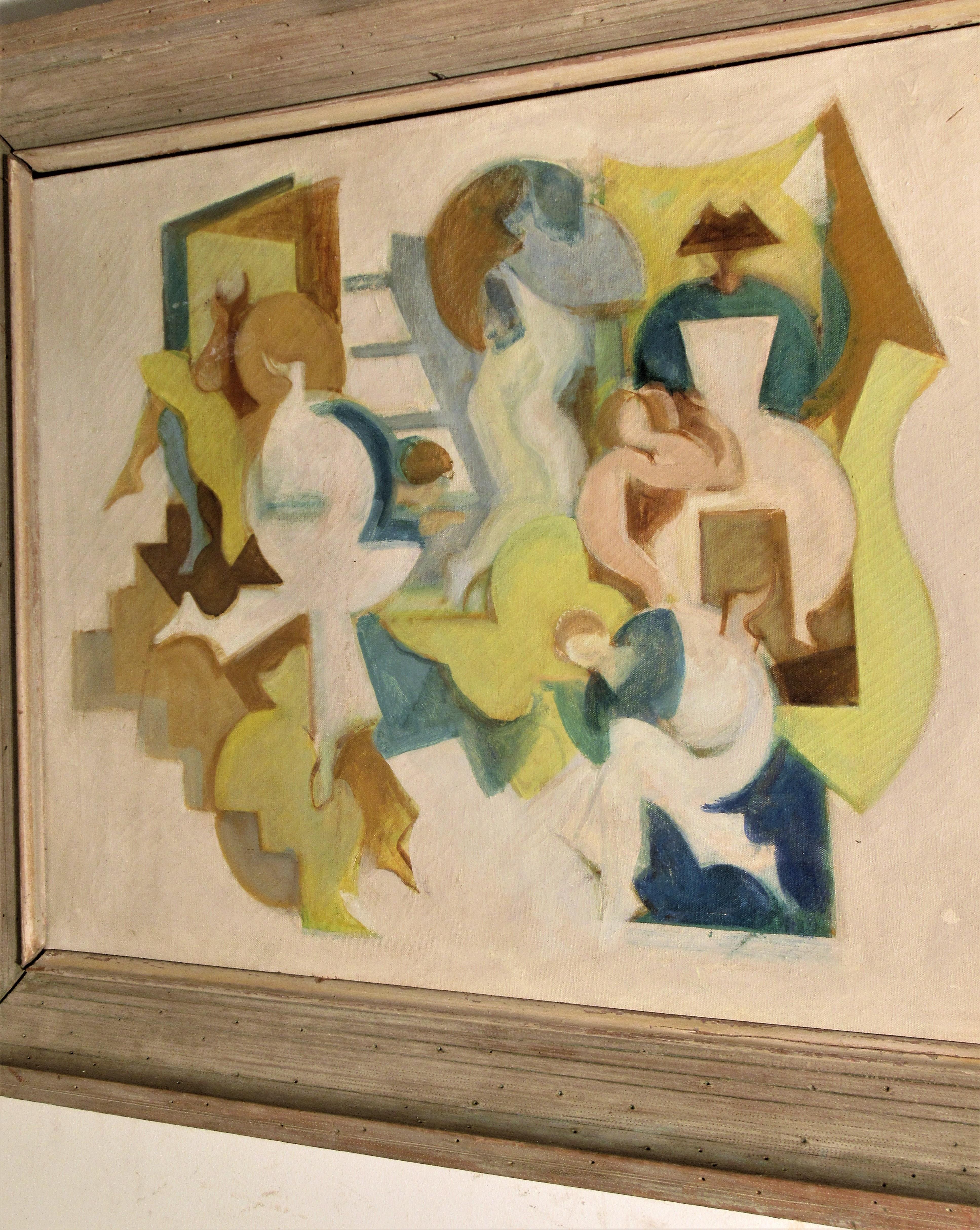 Abstract cubist oil painting on canvas of interior scene with female figures. Set in beautiful period wood frame, circa 1940s. Framed measurements are 32