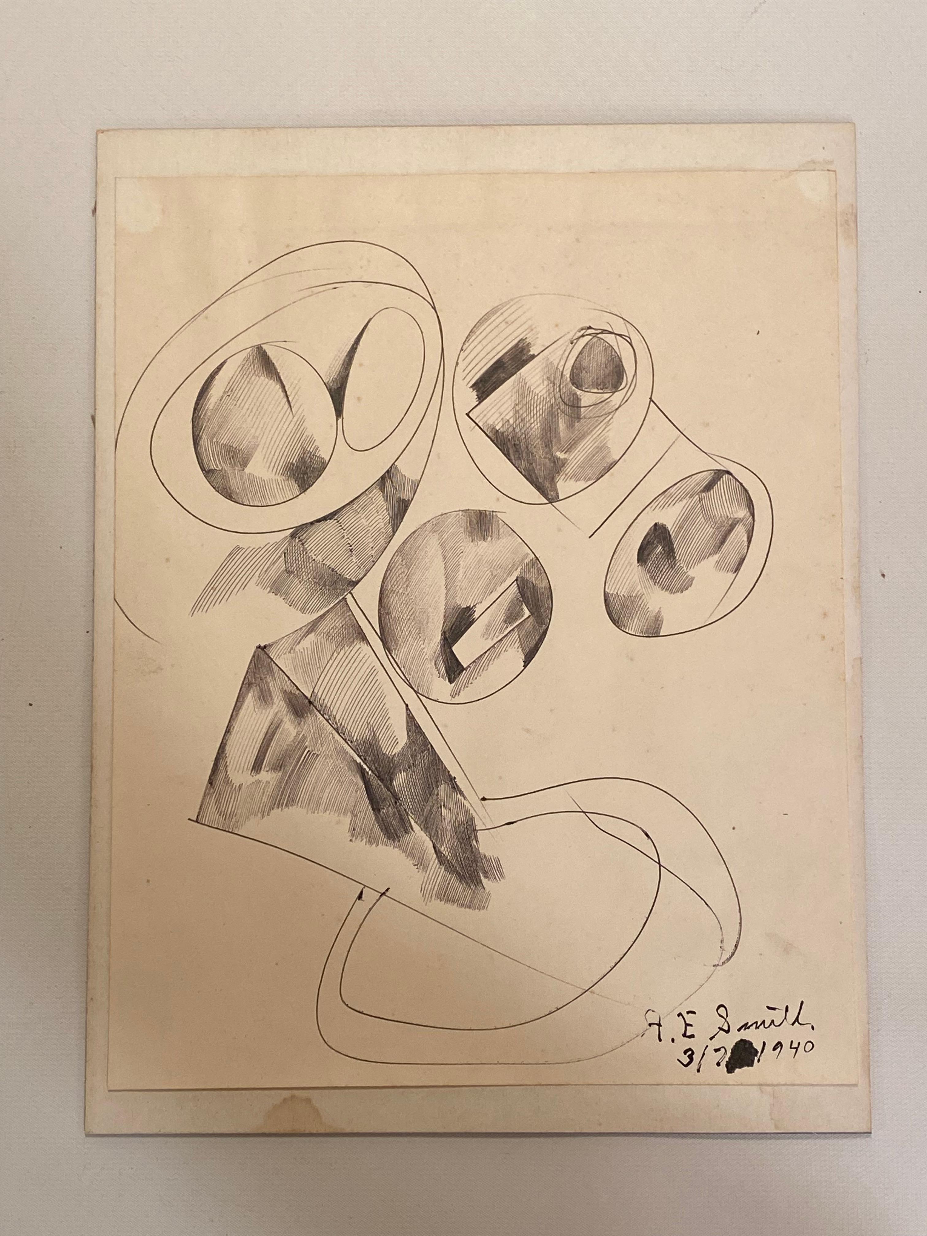 1940er Jahre A.E. Abstrakte Zeichnung mit Stift und Tusche von Smith im Angebot 4