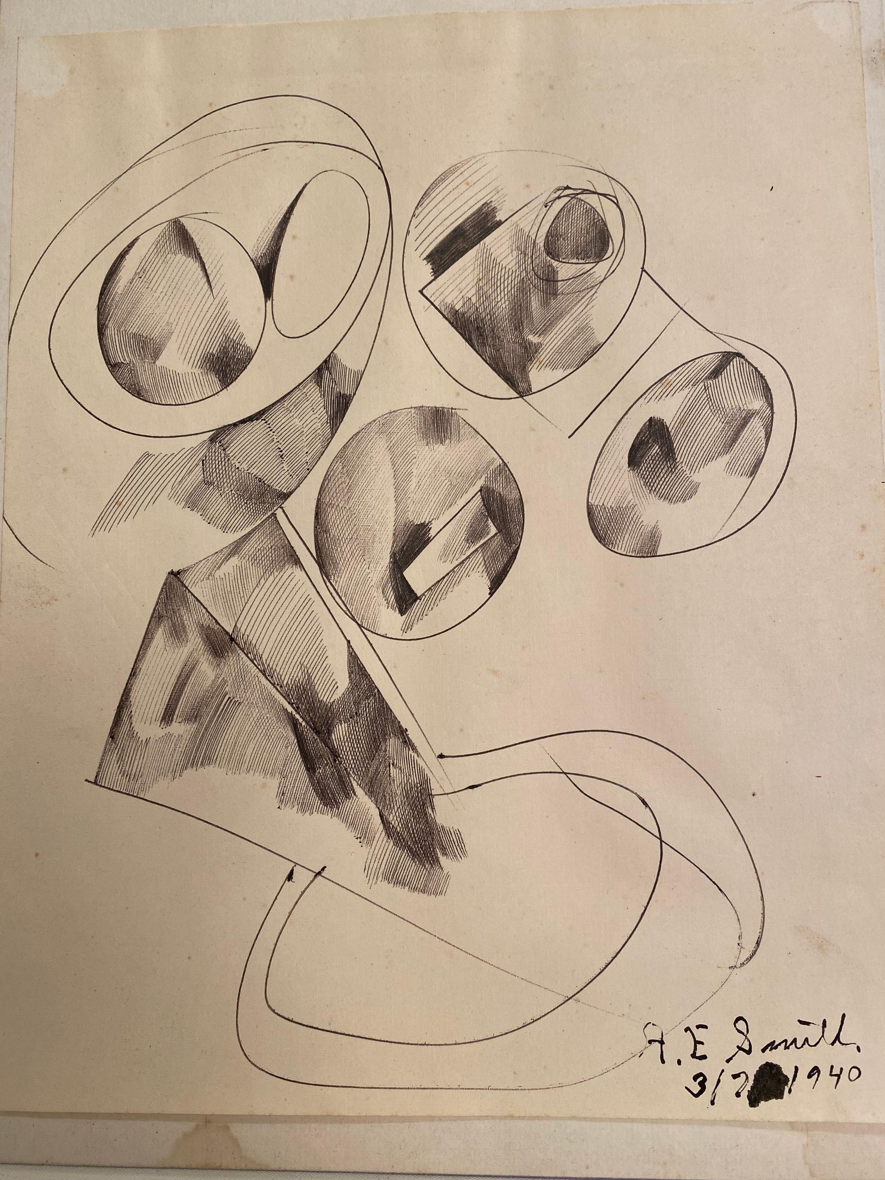 1940er Jahre A.E. Abstrakte Zeichnung mit Stift und Tusche von Smith im Angebot 3