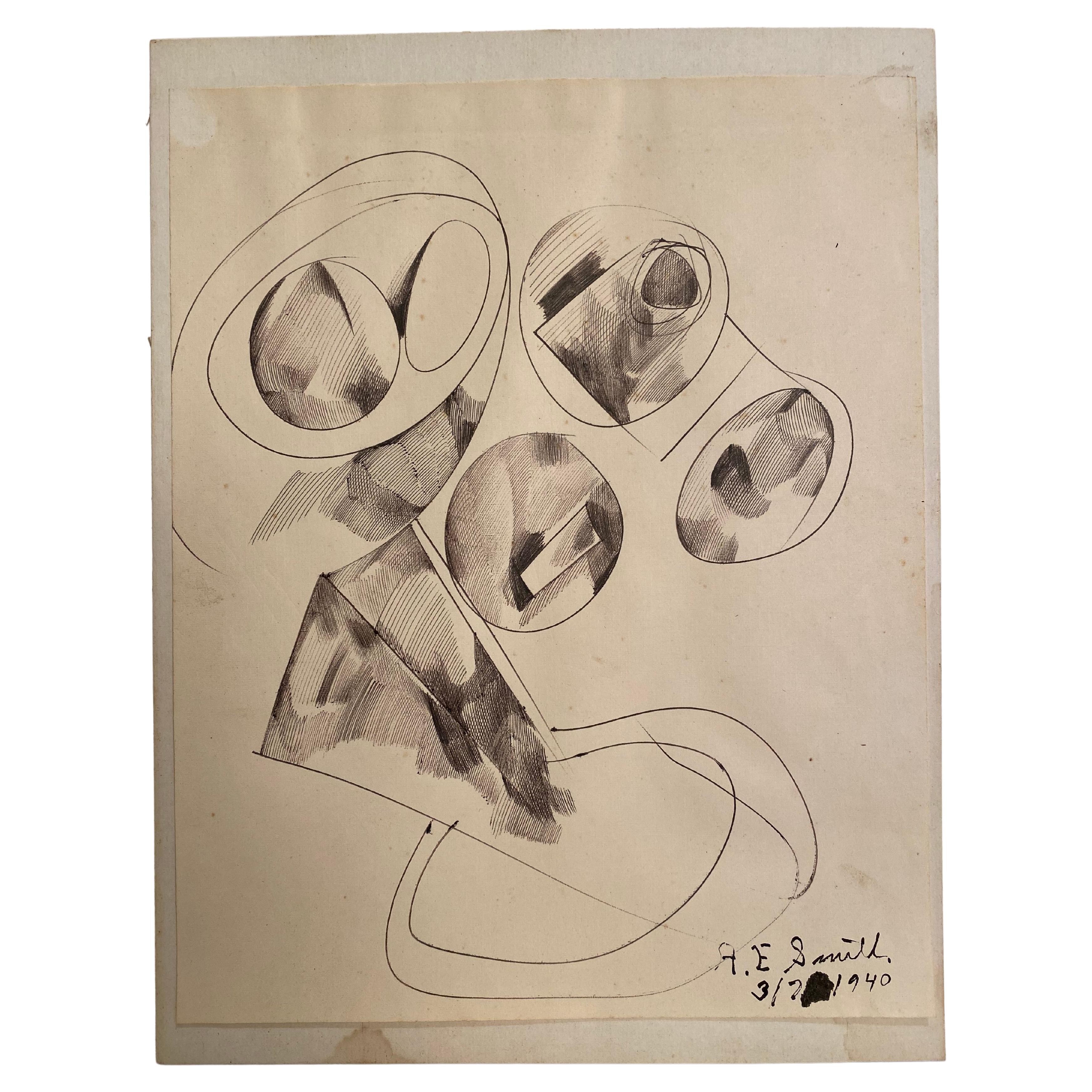 1940s A.E. Smith Pen and Ink Abstract Drawing For Sale