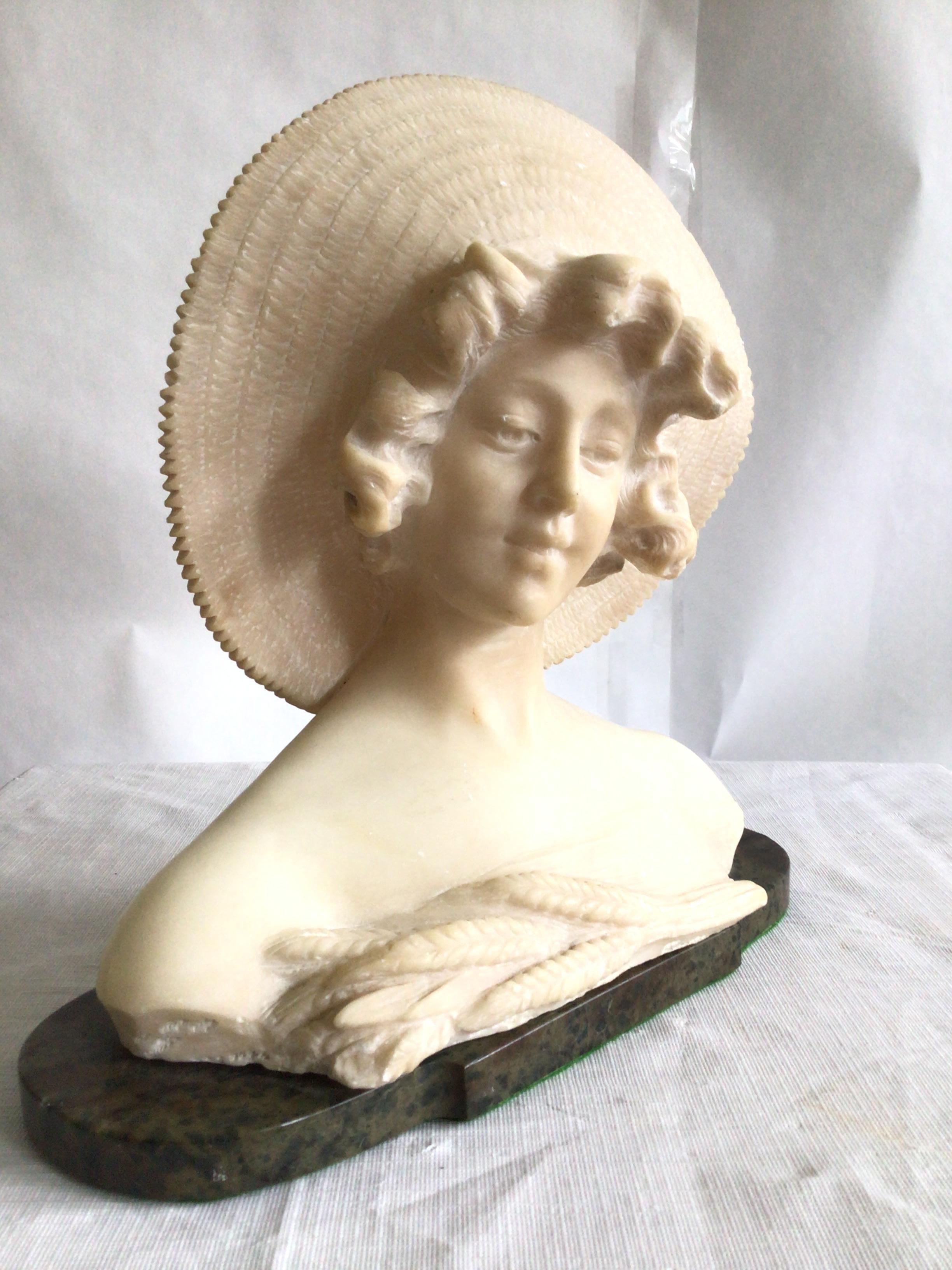 Art Nouveau 1940s Alabaster Bust Of A Young Woman On A Marble Base For Sale