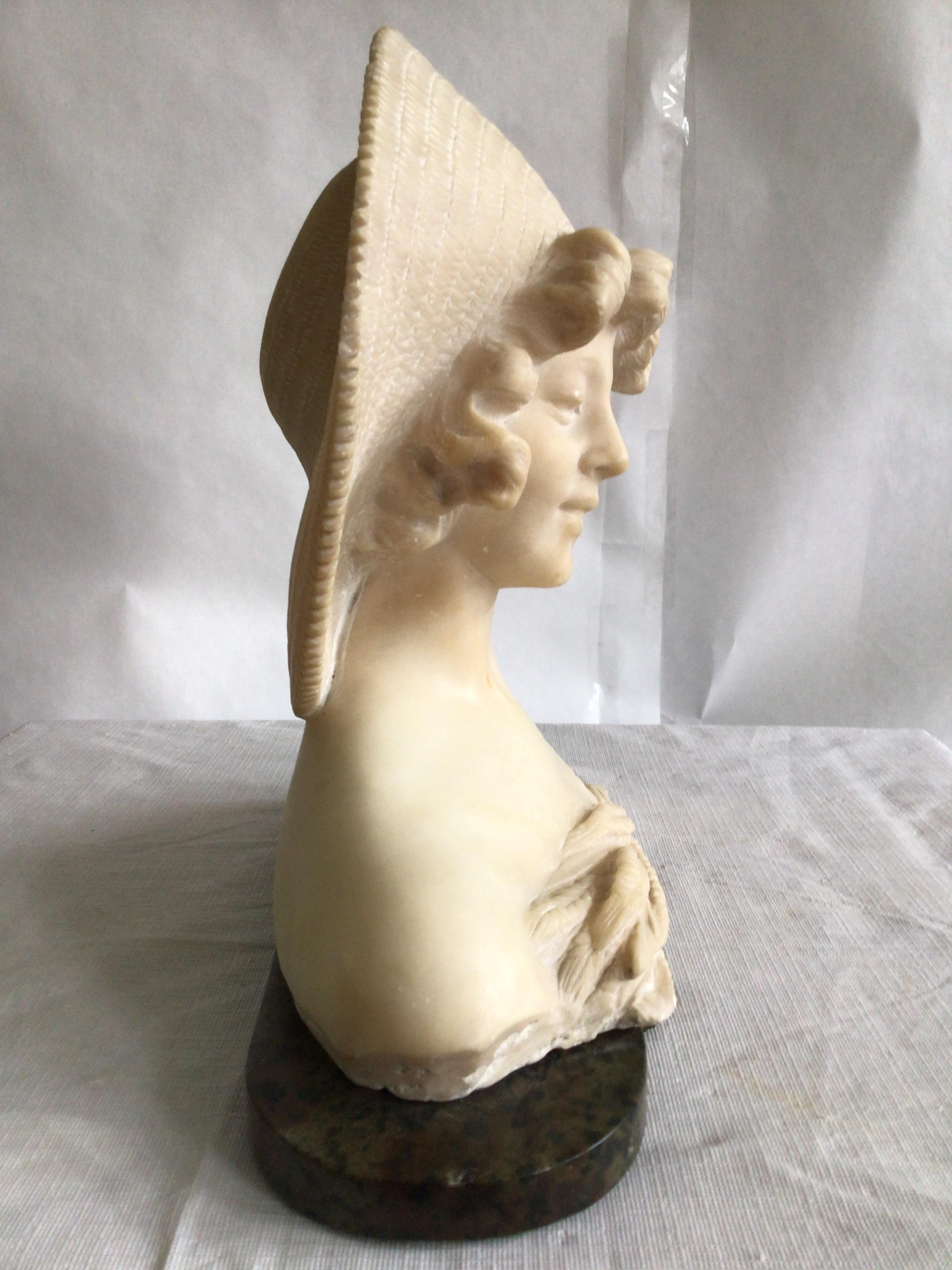 Hand-Carved 1940s Alabaster Bust Of A Young Woman On A Marble Base For Sale