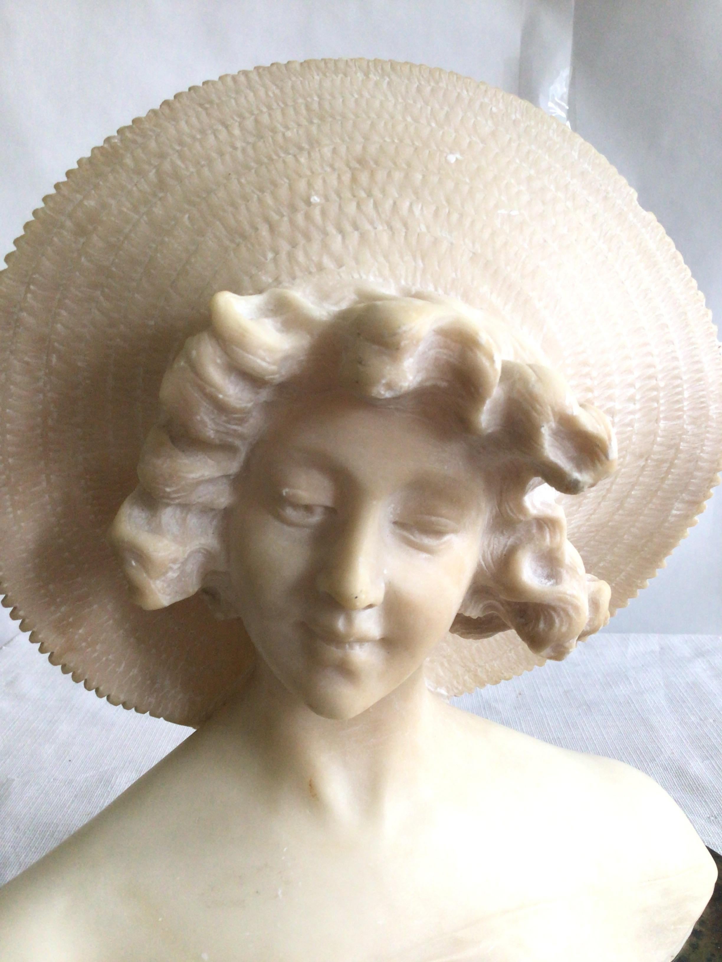 Mid-20th Century 1940s Alabaster Bust Of A Young Woman On A Marble Base For Sale