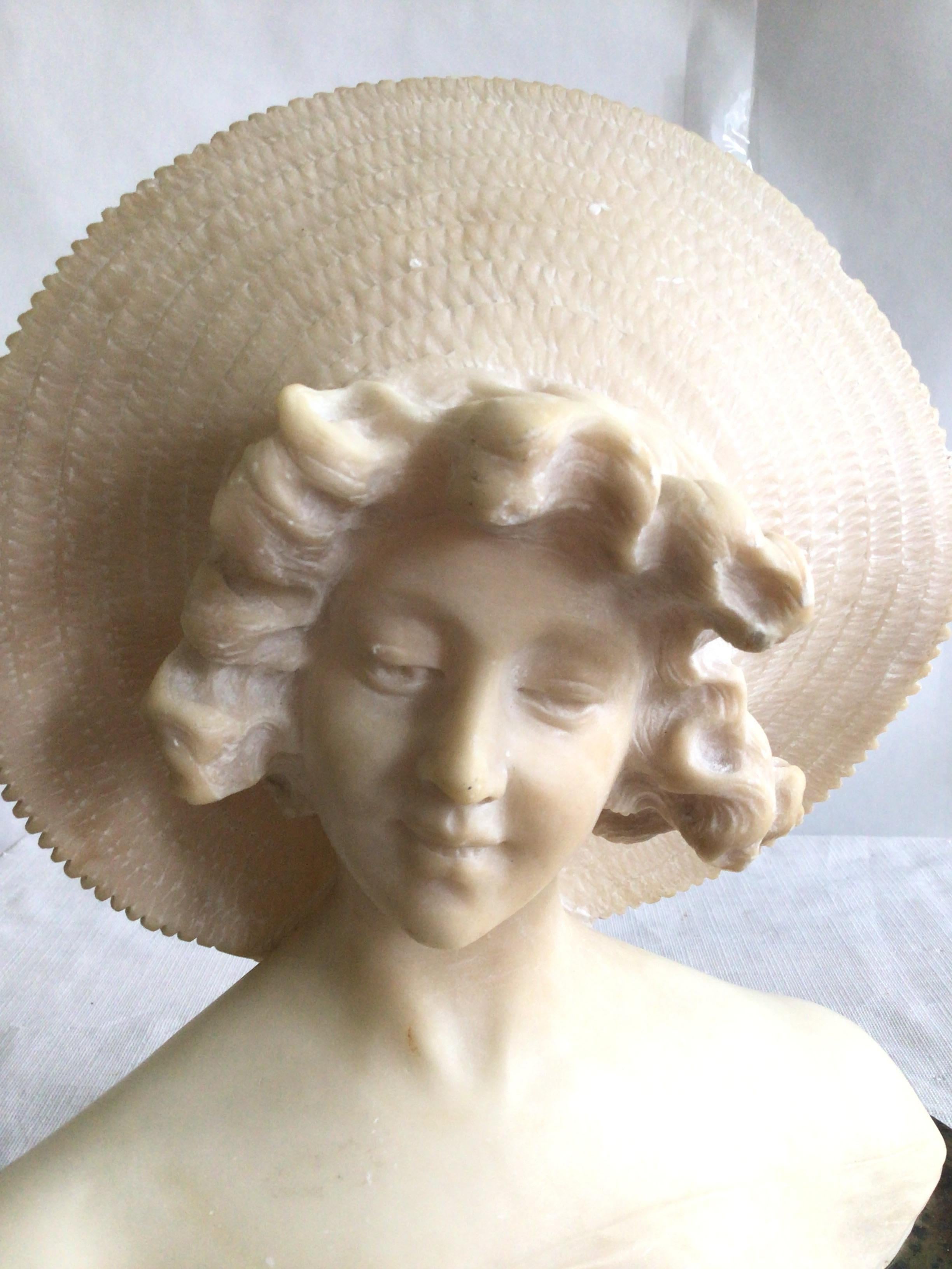 Mid-20th Century 1940s Alabaster Bust Of A Young Woman On A Marble Base For Sale