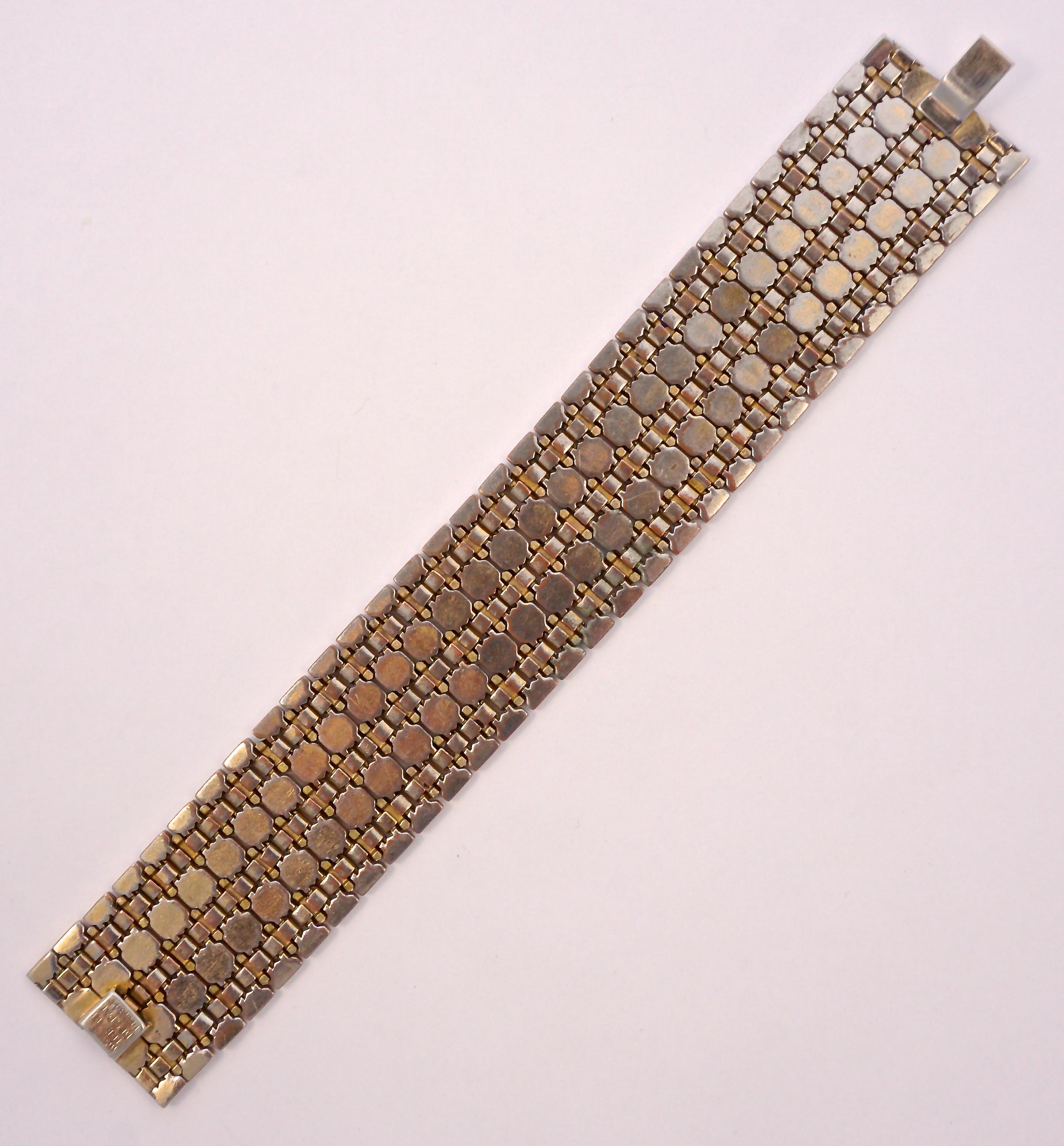 1940s Alfred Philippe Trifari Gold Plated Tessellated Honeycomb Wide Bracelet 1