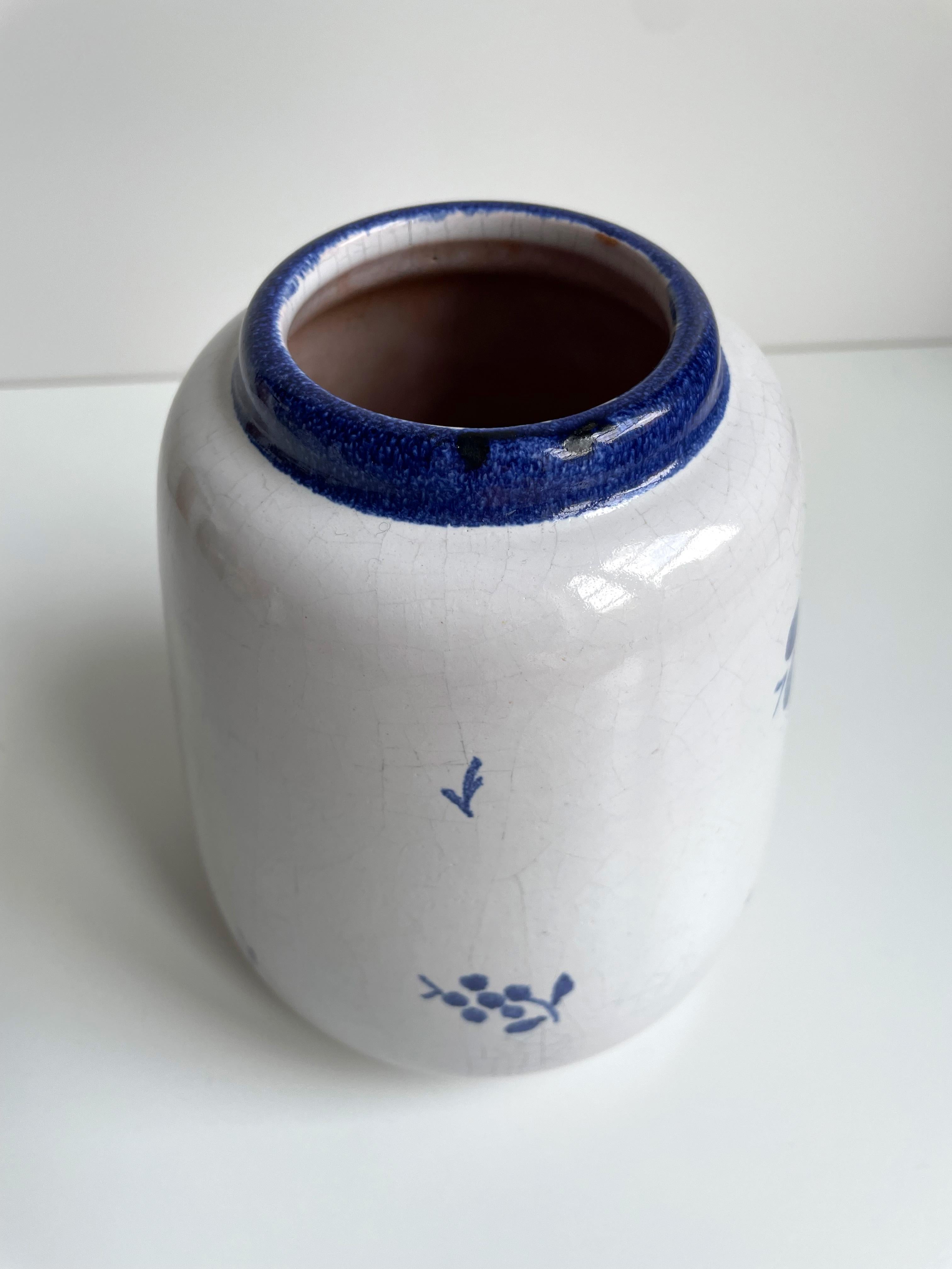 20th Century 1940s Almue Danish Blue Decor on White Glazed Ceramic Vase For Sale