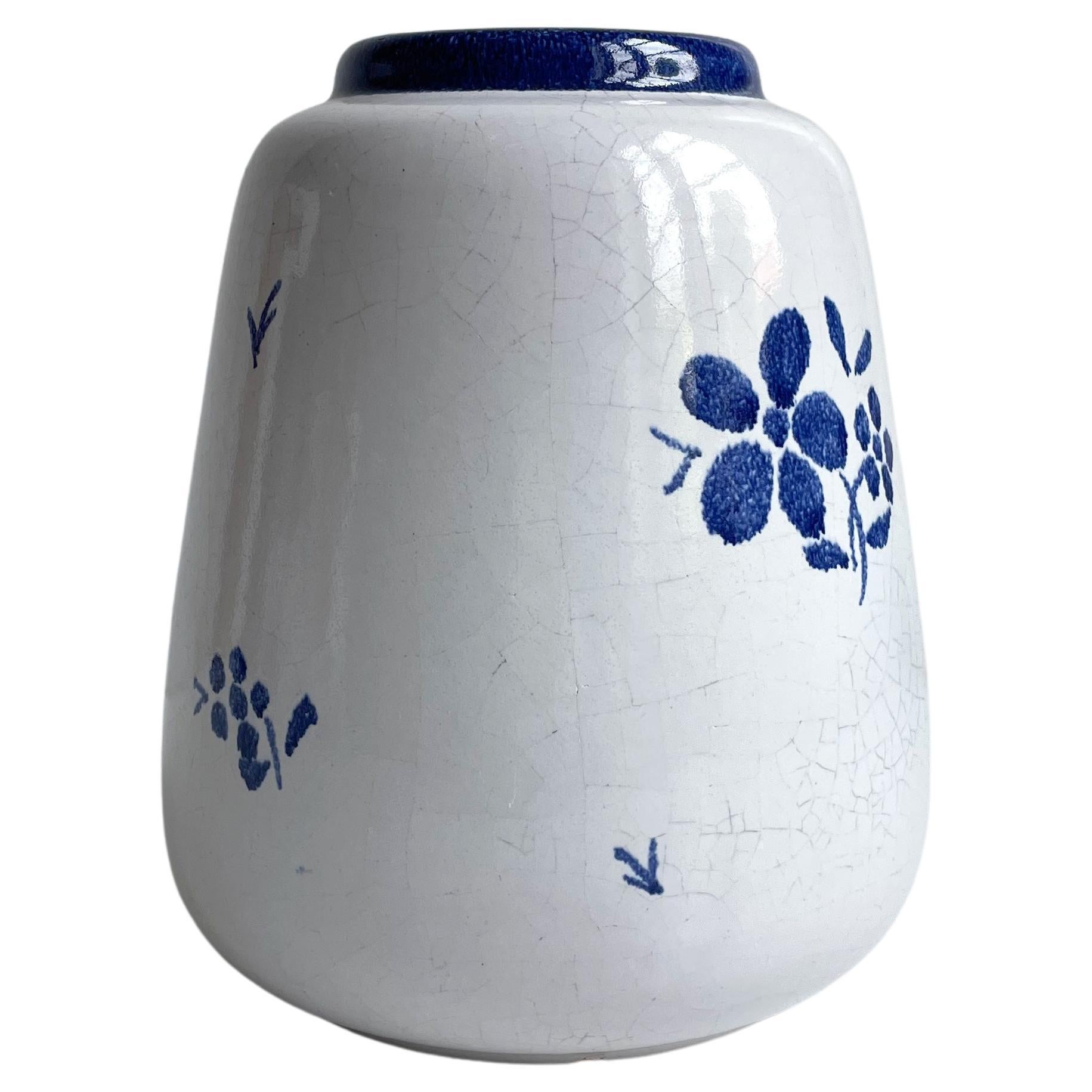 1940s Almue Danish Blue Decor on White Glazed Ceramic Vase For Sale