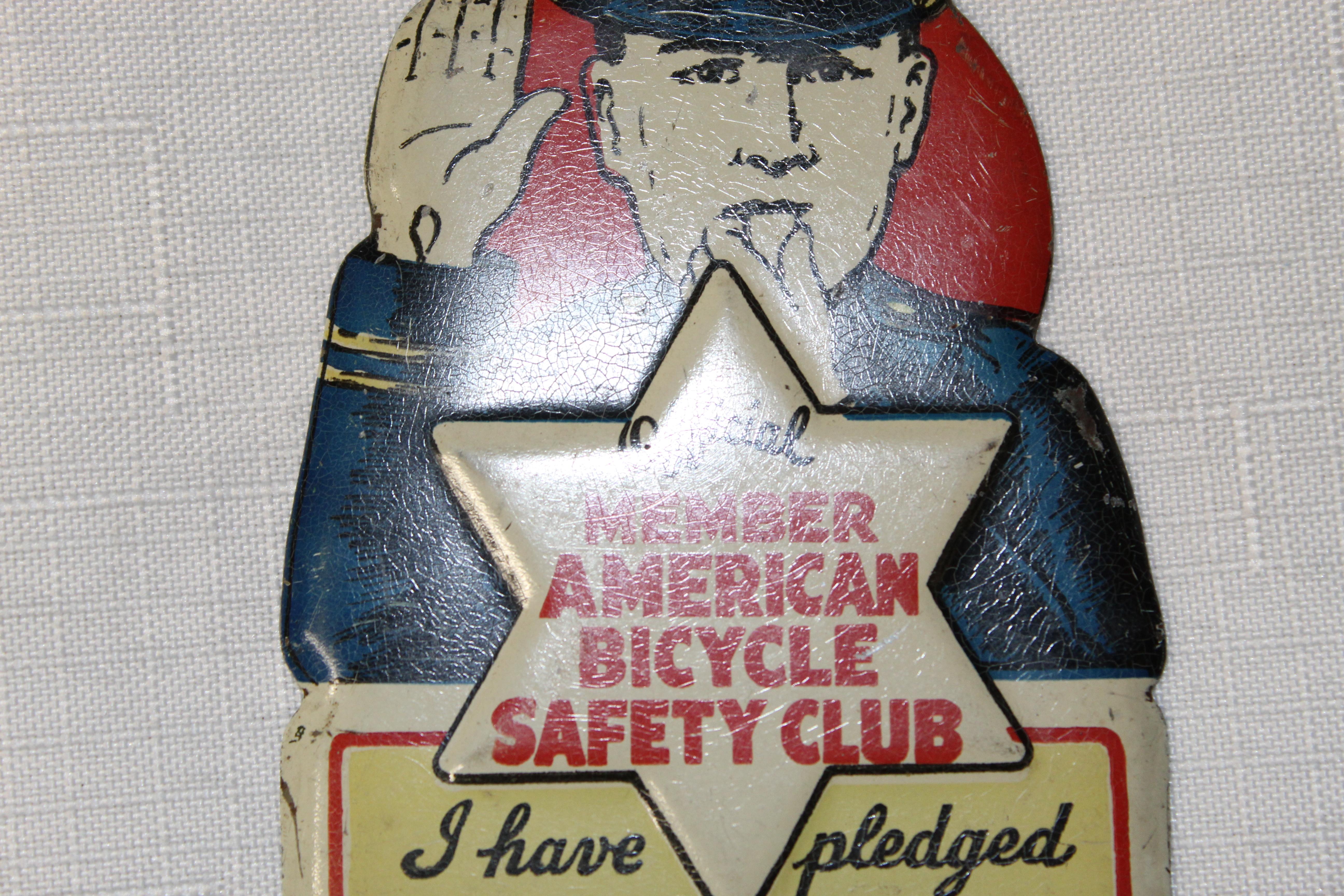 Metal 1940s American Bicycle Safety Club License Plate Topper For Sale