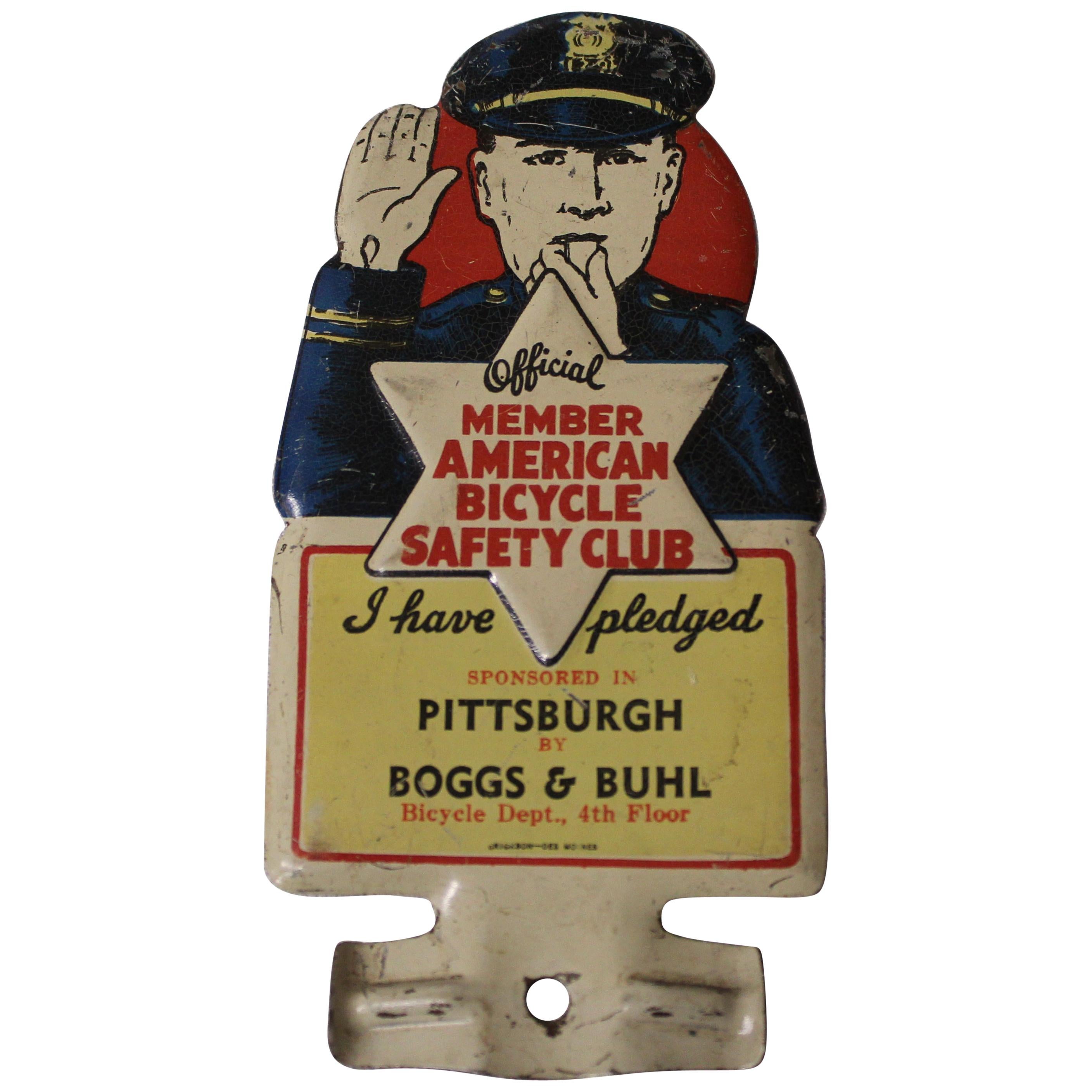 1940s American Bicycle Safety Club License Plate Topper For Sale