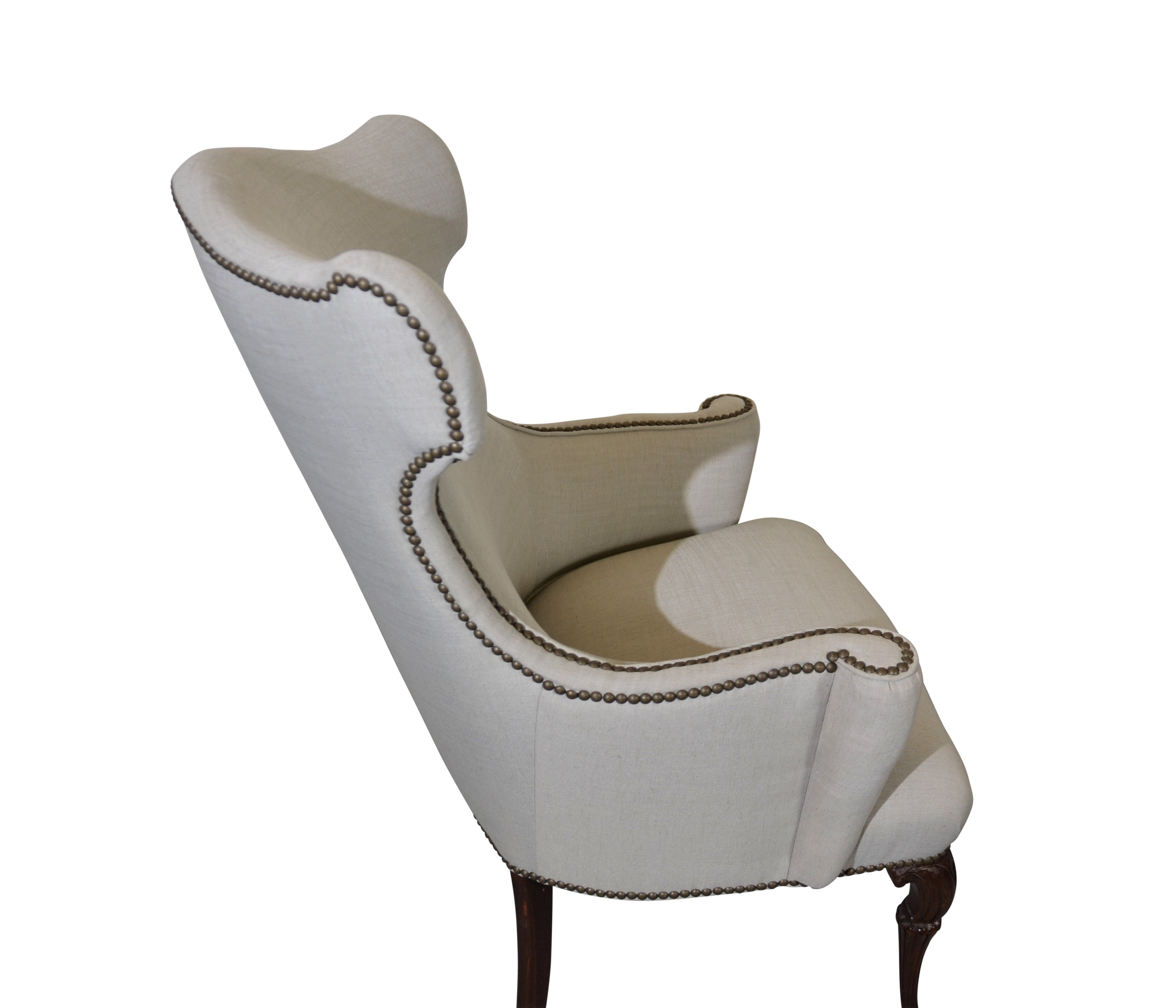 Pair of American butterfly wingback chairs. Newly upholstered in light gray color fabric.