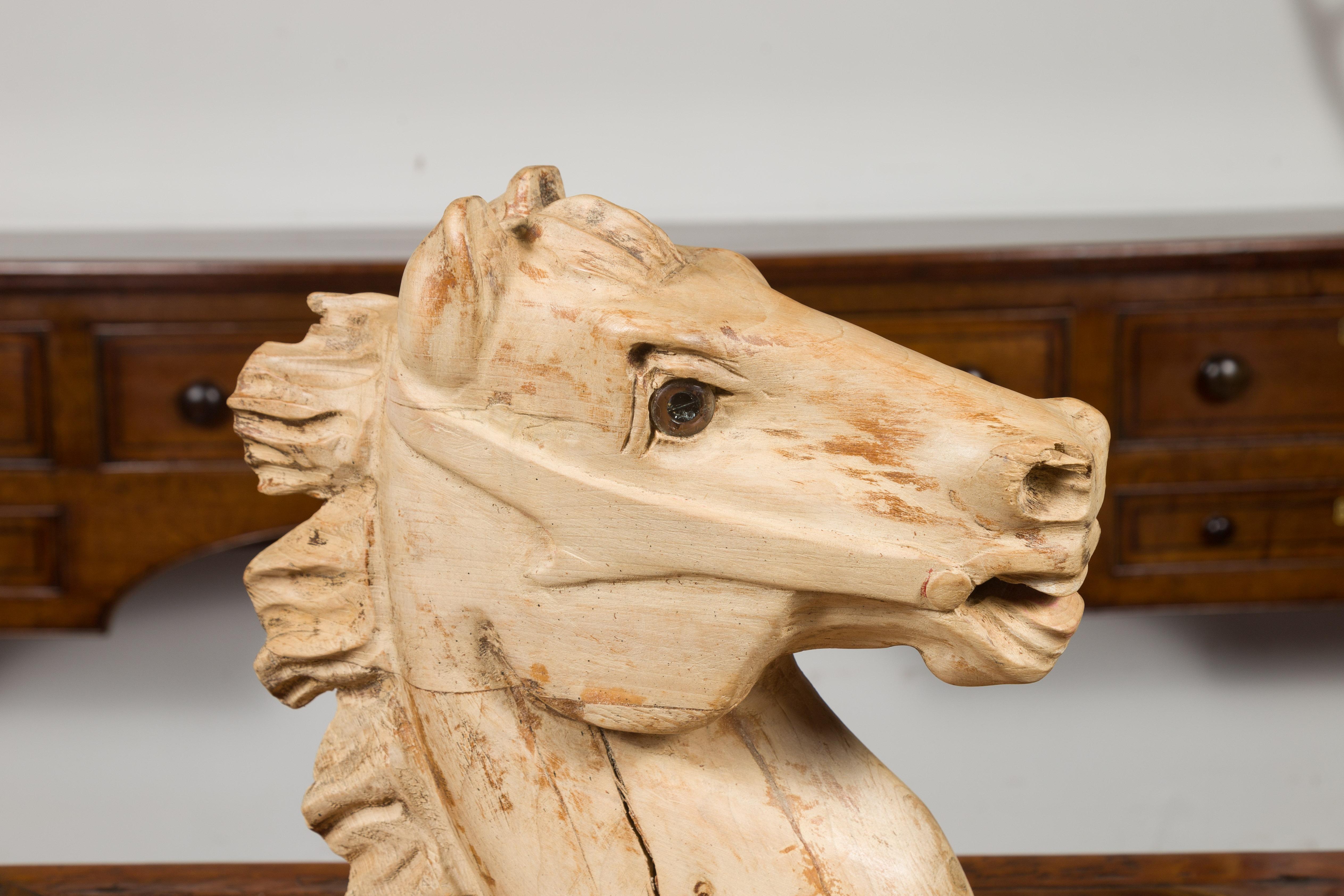 20th Century 1940s American Carved Wooden Horse Head Fragment with Weathered Patina For Sale