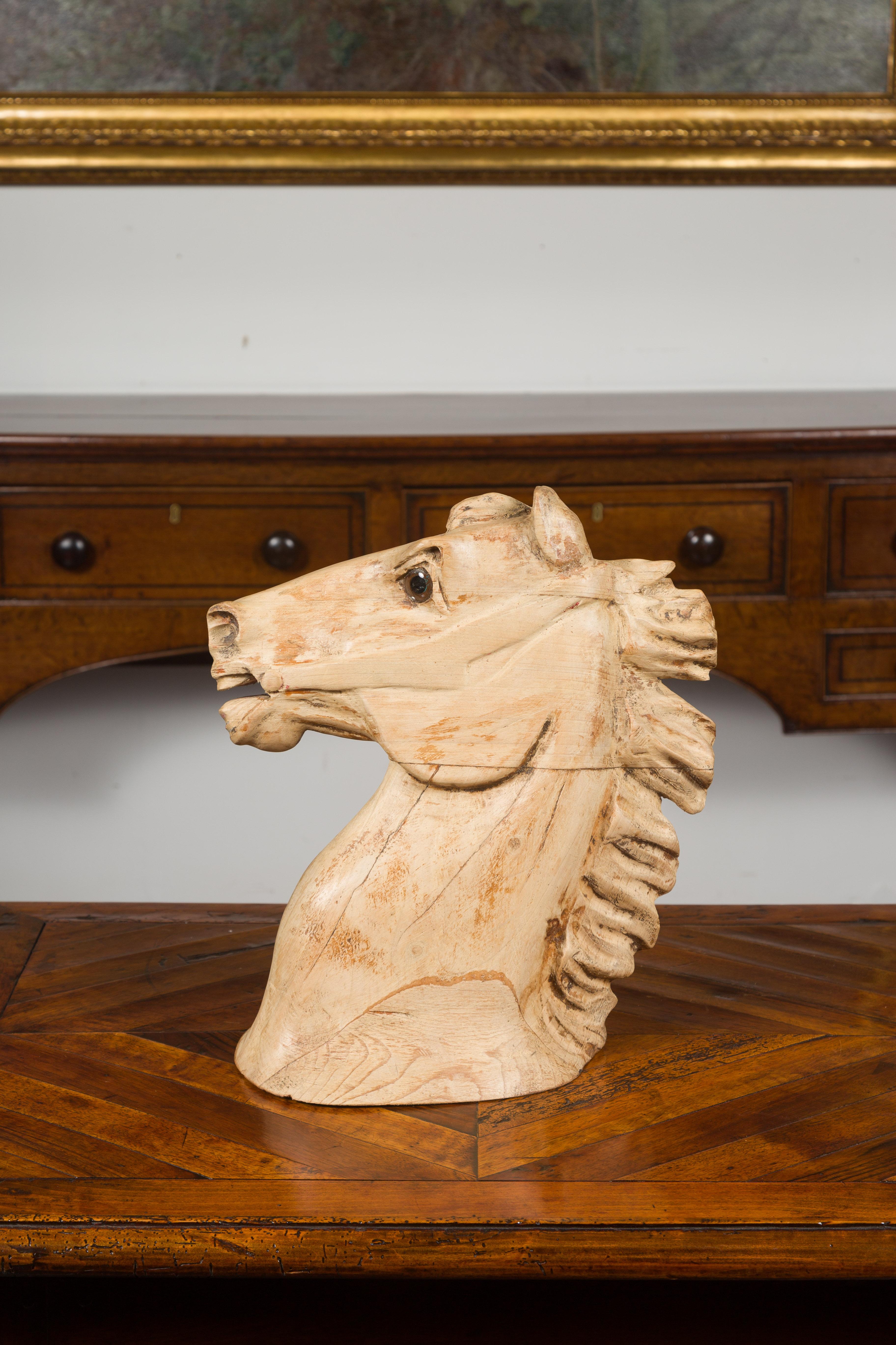 1940s American Carved Wooden Horse Head Fragment with Weathered Patina For Sale 4