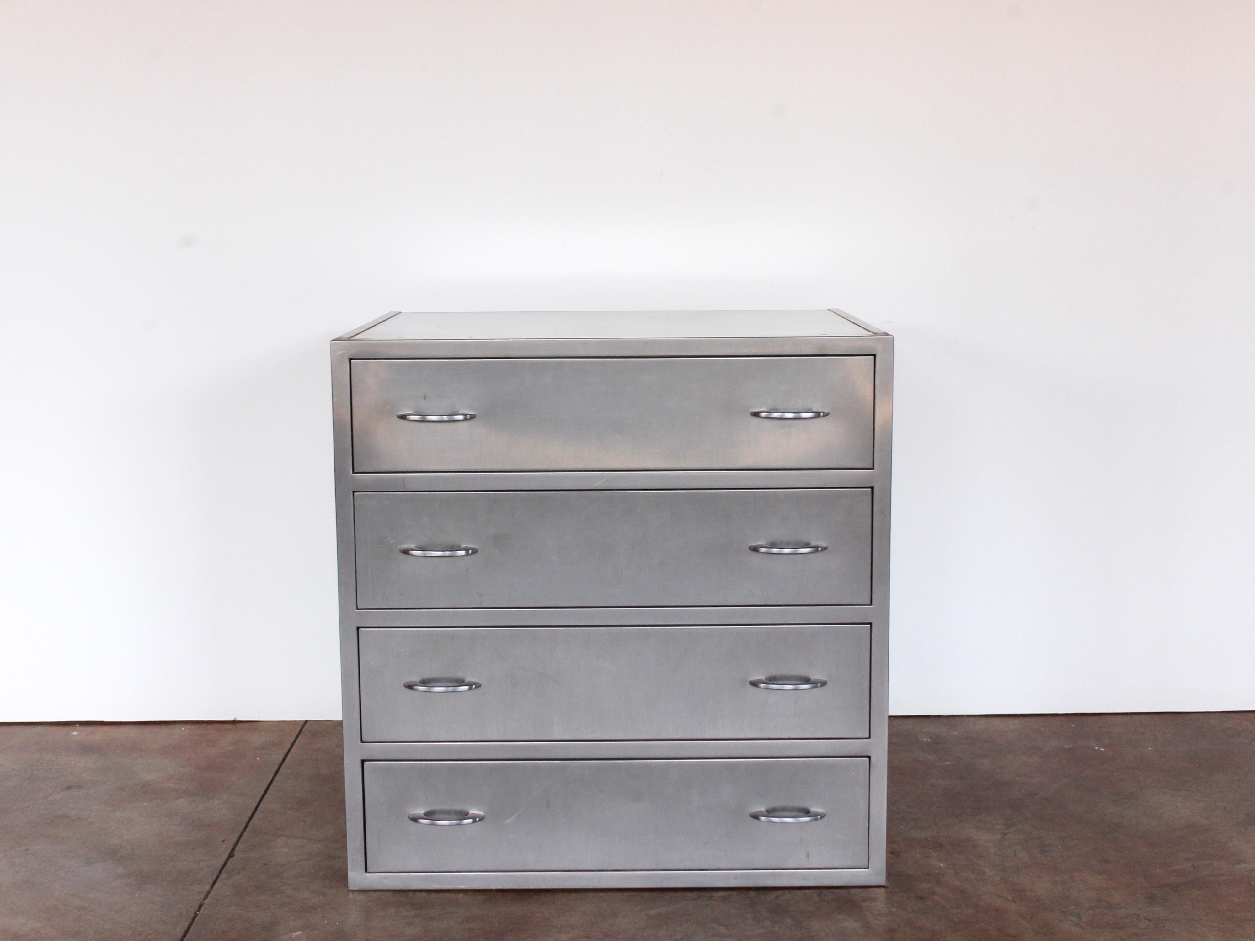1940s American industrial stainless steel chest with 4 drawers. 

drawer: W28” x H6.5”