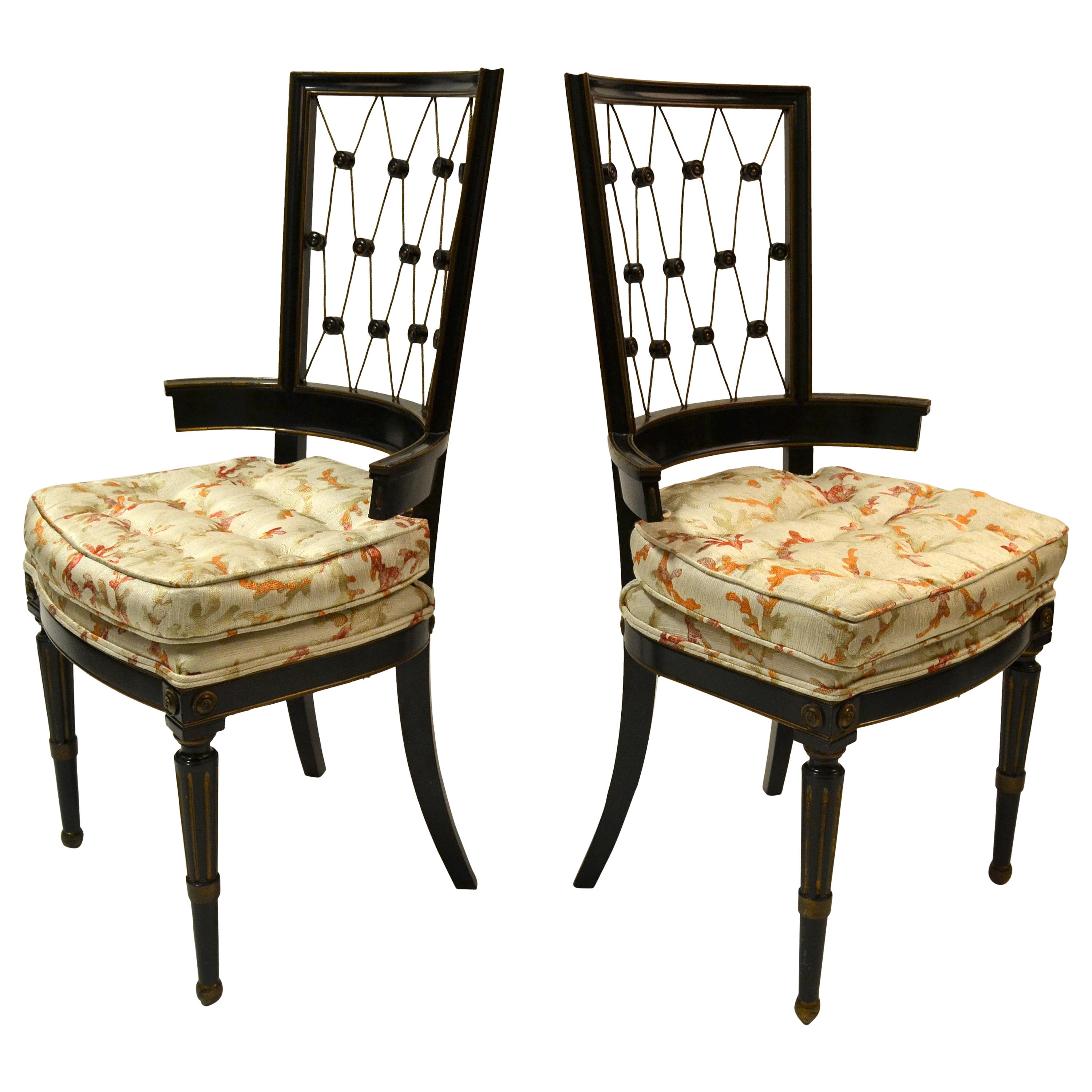 1940s American Side Chairs Intricate Diamond Pattern Back Black and Gold - Pair