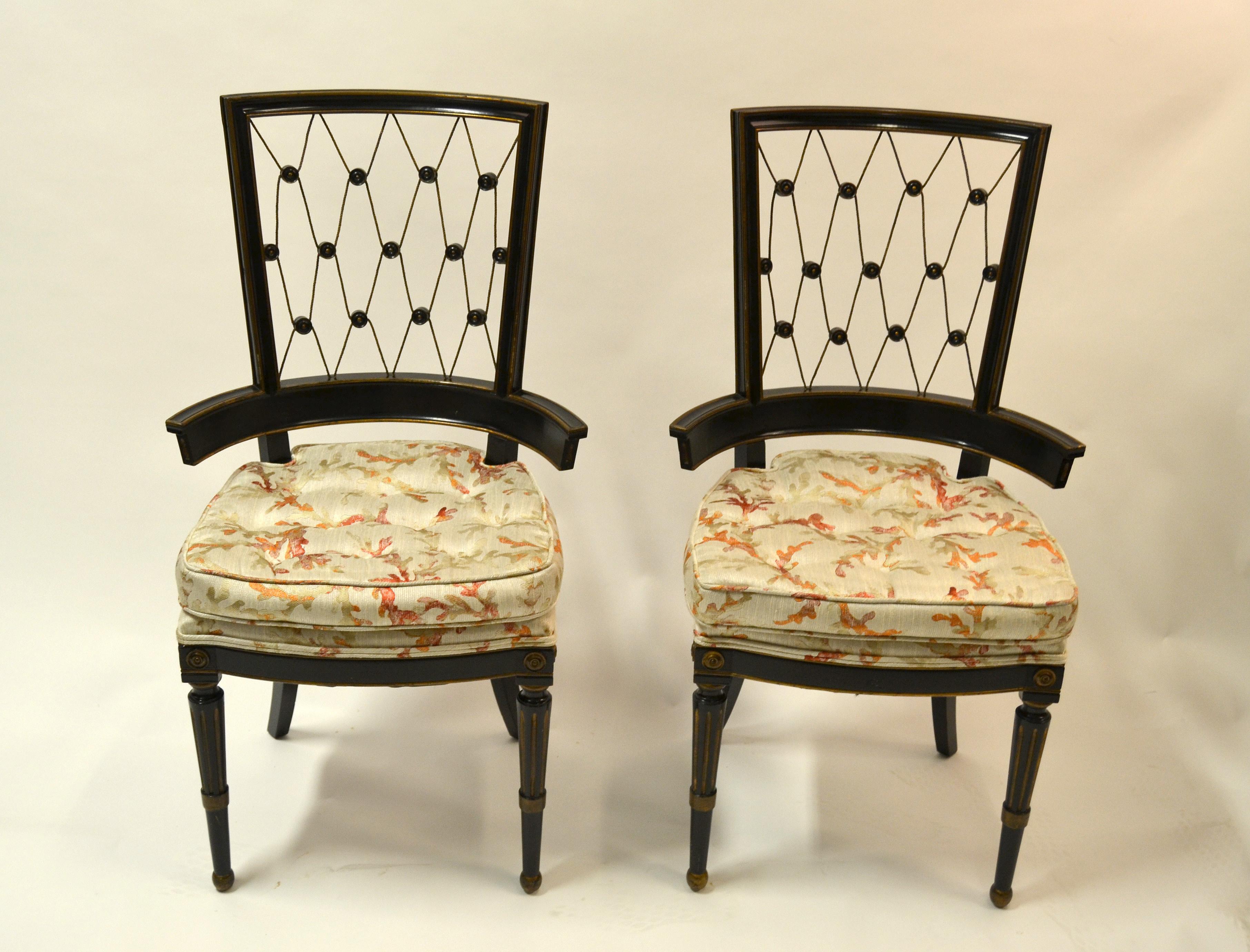 Mid-Century Modern 1940s American Side Chairs Intricate Diamond Pattern Back Black and Gold - Pair For Sale