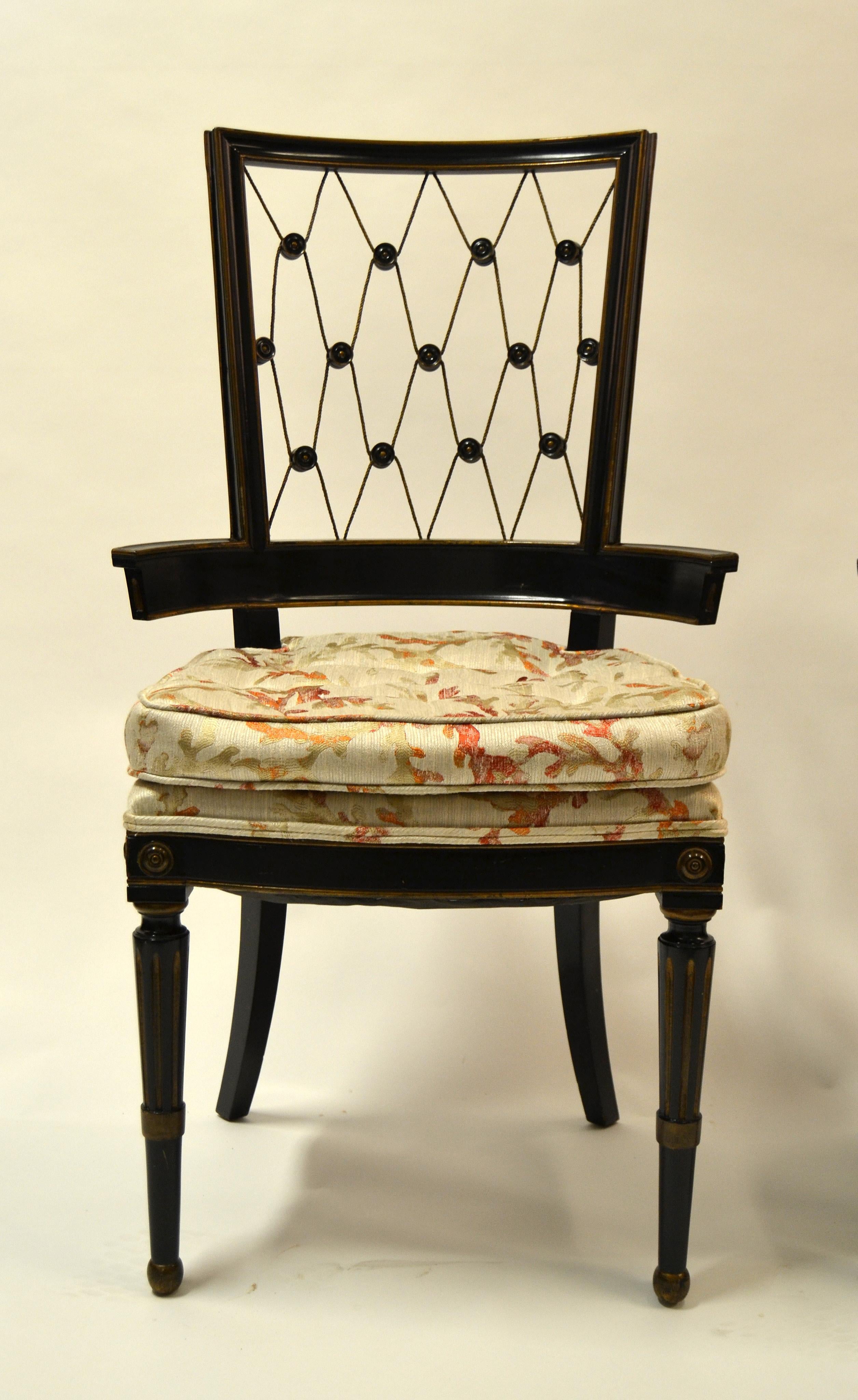 Ebonized 1940s American Side Chairs Intricate Diamond Pattern Back Black and Gold - Pair For Sale