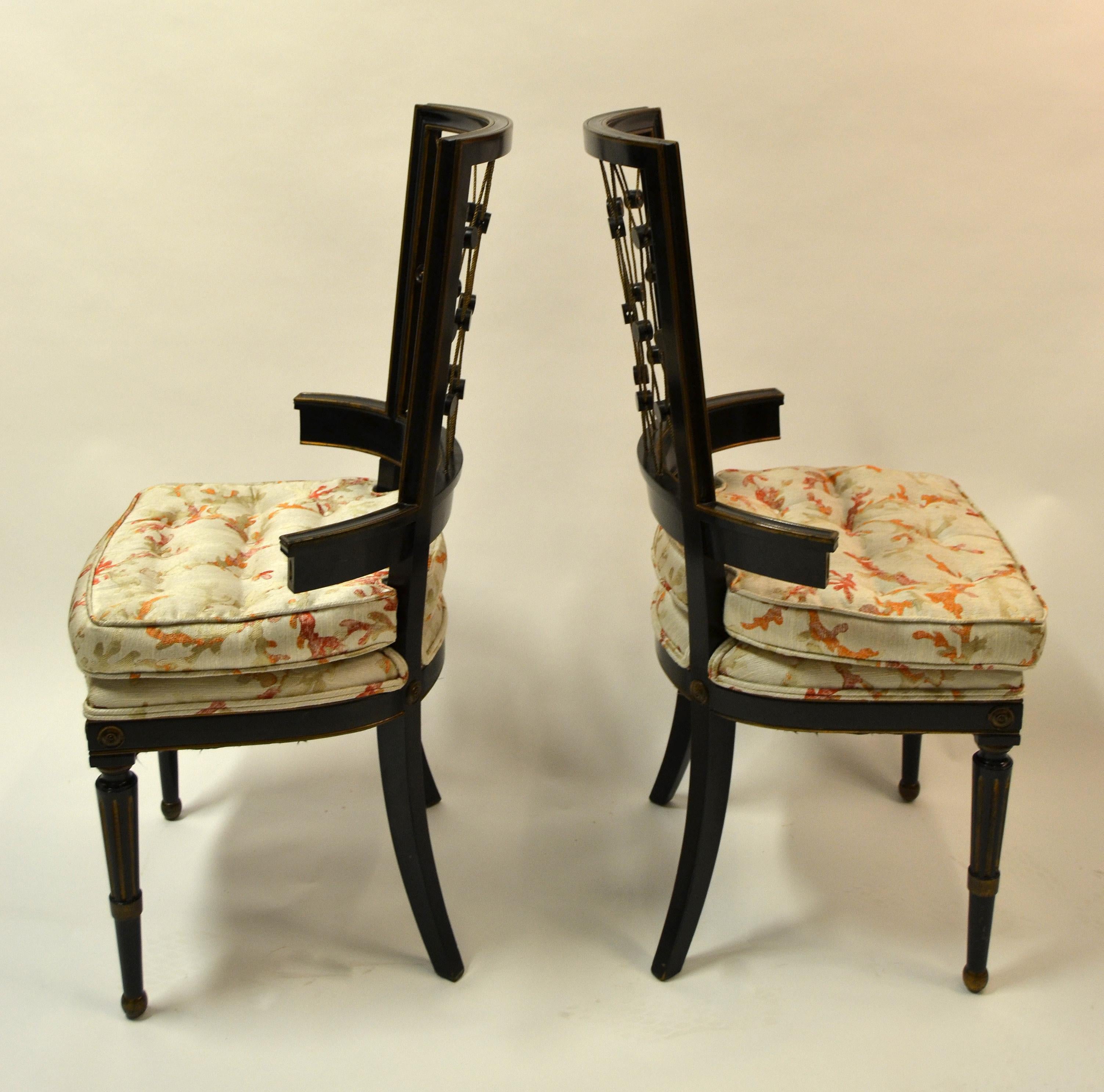 1940s American Side Chairs Intricate Diamond Pattern Back Black and Gold - Pair In Good Condition For Sale In Miami, FL