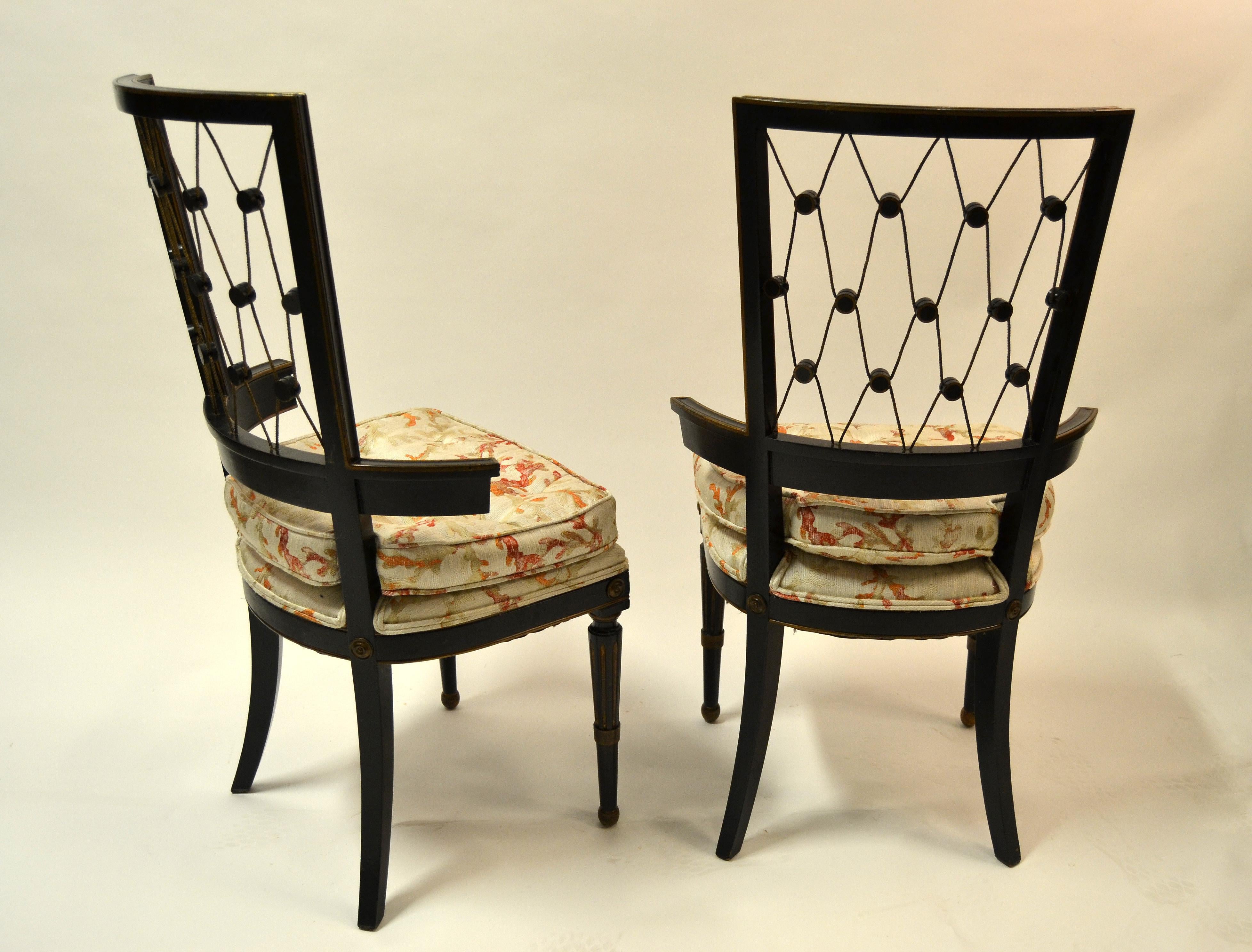 Mid-20th Century 1940s American Side Chairs Intricate Diamond Pattern Back Black and Gold - Pair For Sale