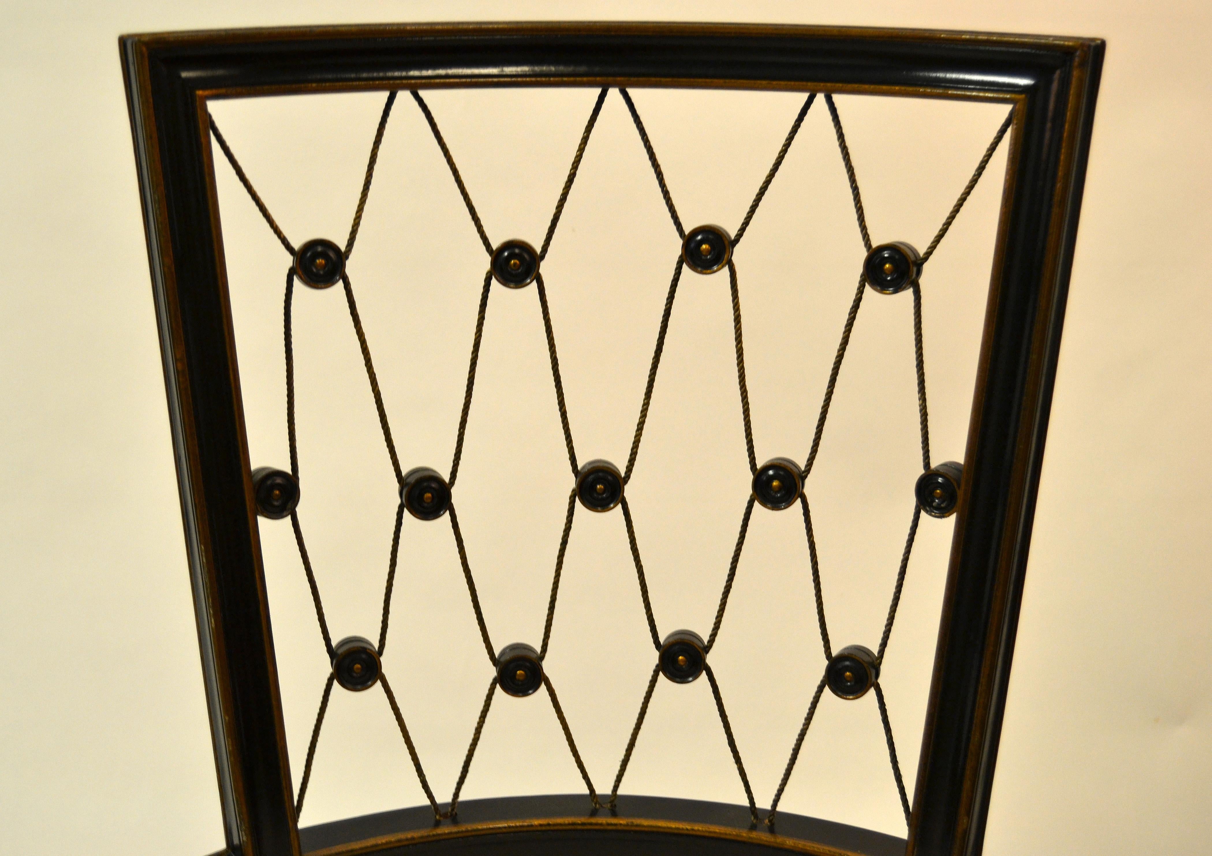 Wood 1940s American Side Chairs Intricate Diamond Pattern Back Black and Gold - Pair For Sale