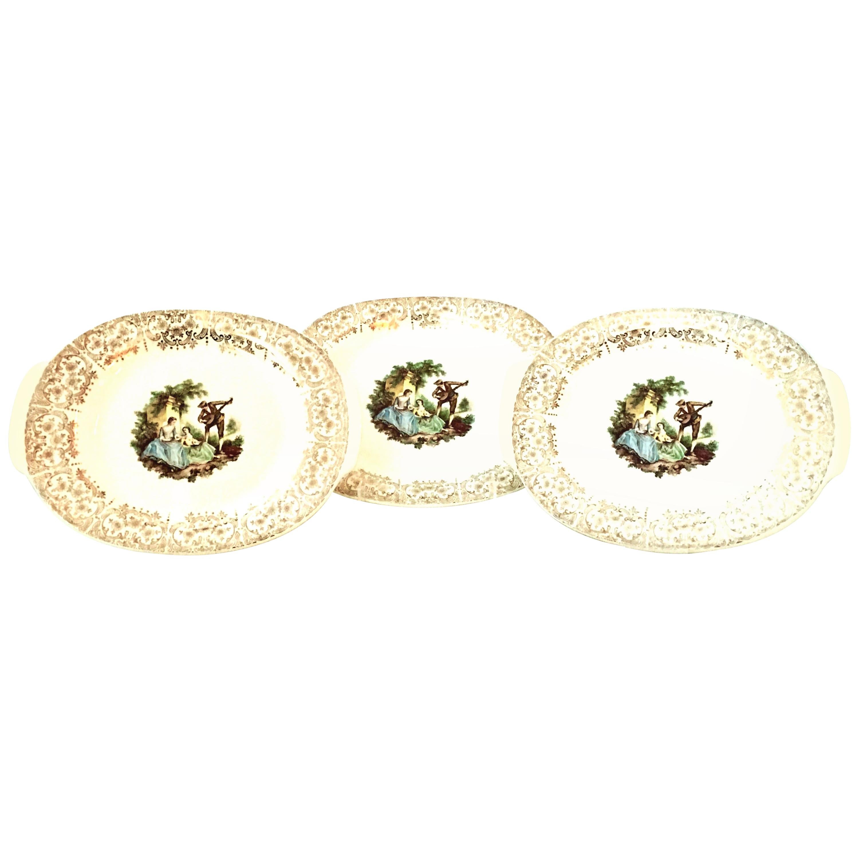 1940s American Limoges Ceramic and 22-Karat Gold Set of Three Serving Platters For Sale