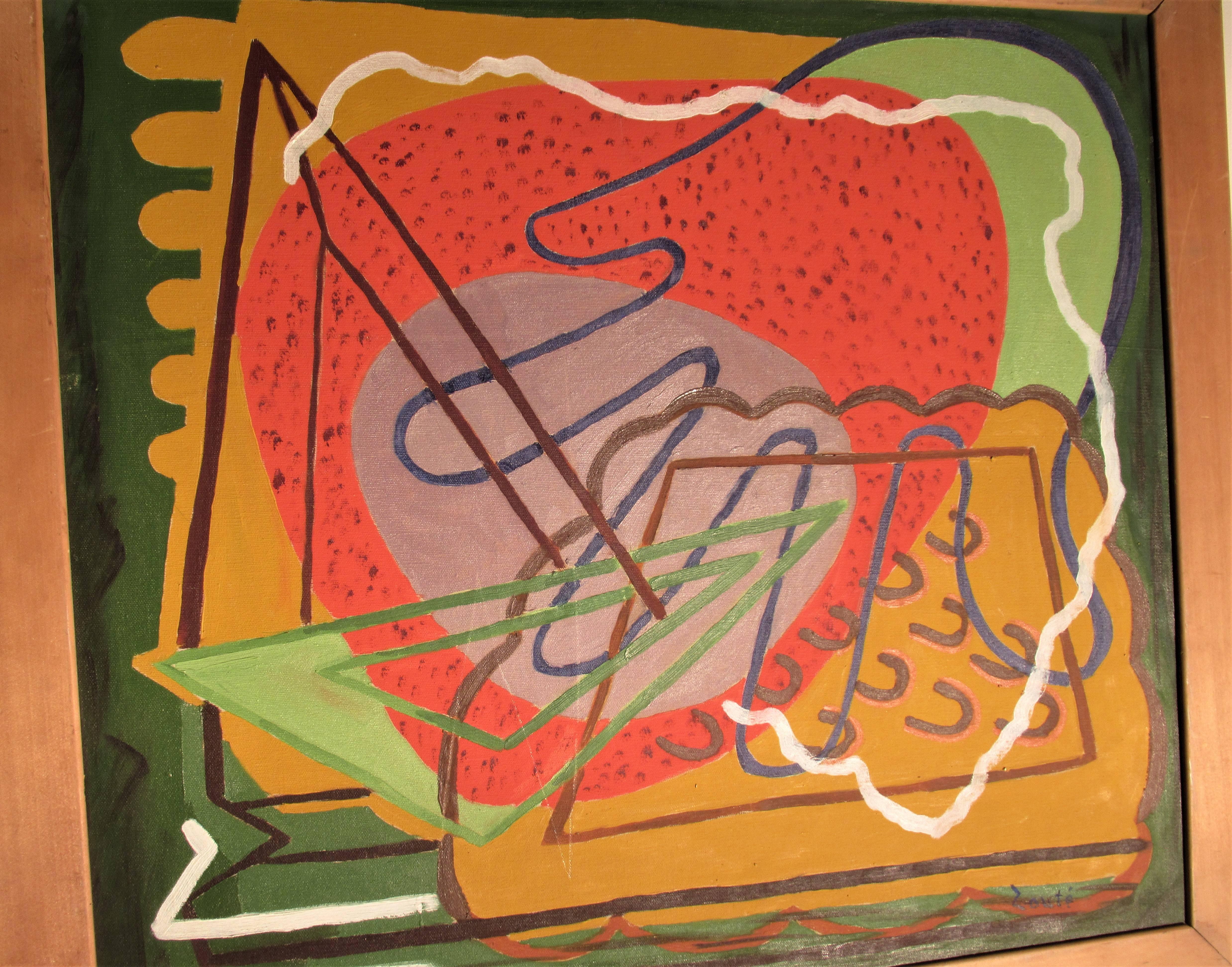 American modernist vibrant abstract oil painting on canvas tacked on plywood board by Leon Salter known as Zoute' (North Rose, NY - 1903- 1976) Zoute' is a rare undiscovered gem of an artist and part of the great wave of modern painting. He painted
