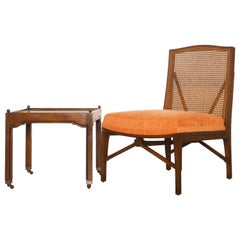 1940s "American of Chicago" Walnut and Cane Accent Table and Chair Set