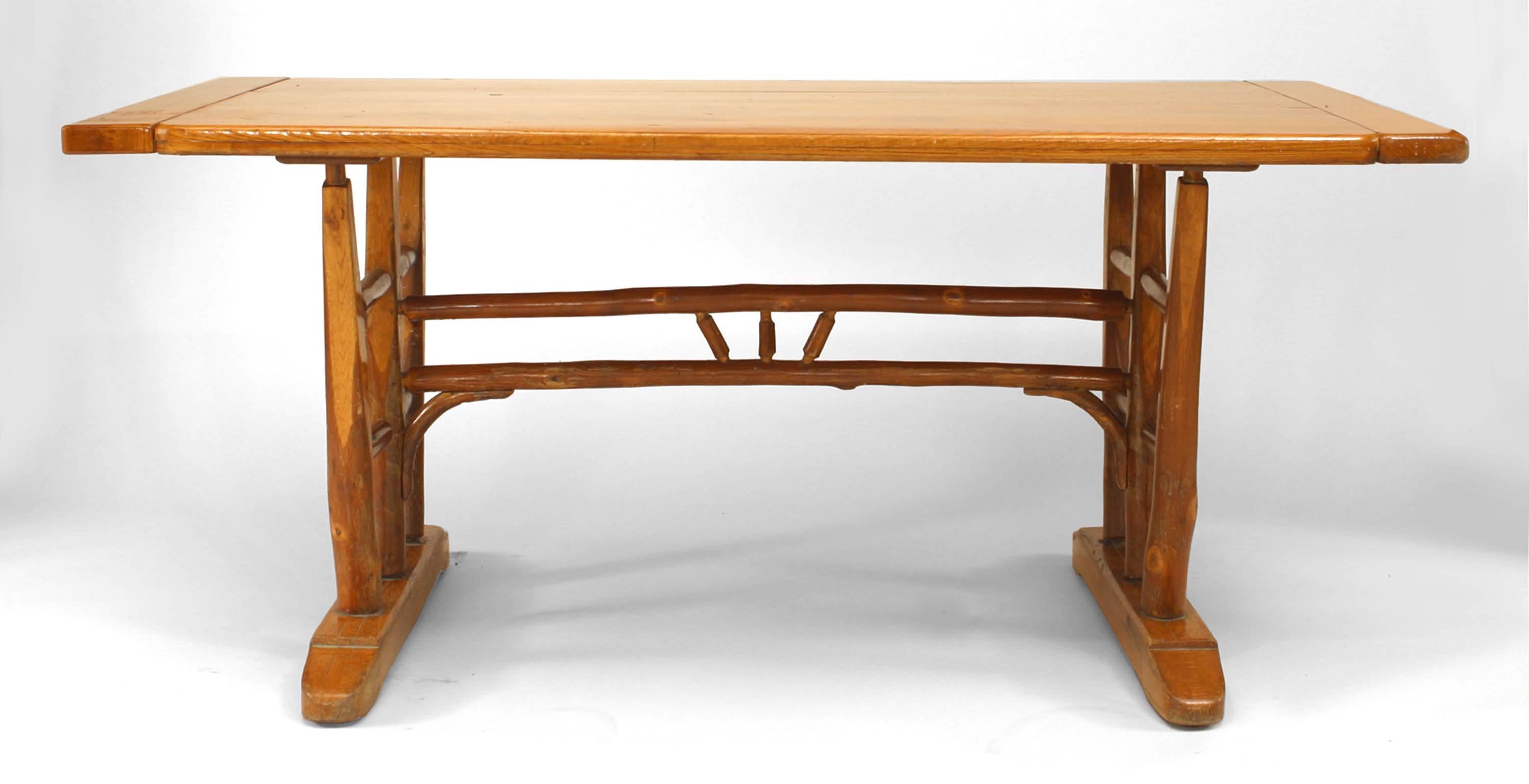 Rustic Old Hickory (1940s) dining table with rectangular top on trestle supports joined by a spindle stretcher (Branded: Old Hickory; Martinsville, Indiana) (Related item: 059634)
