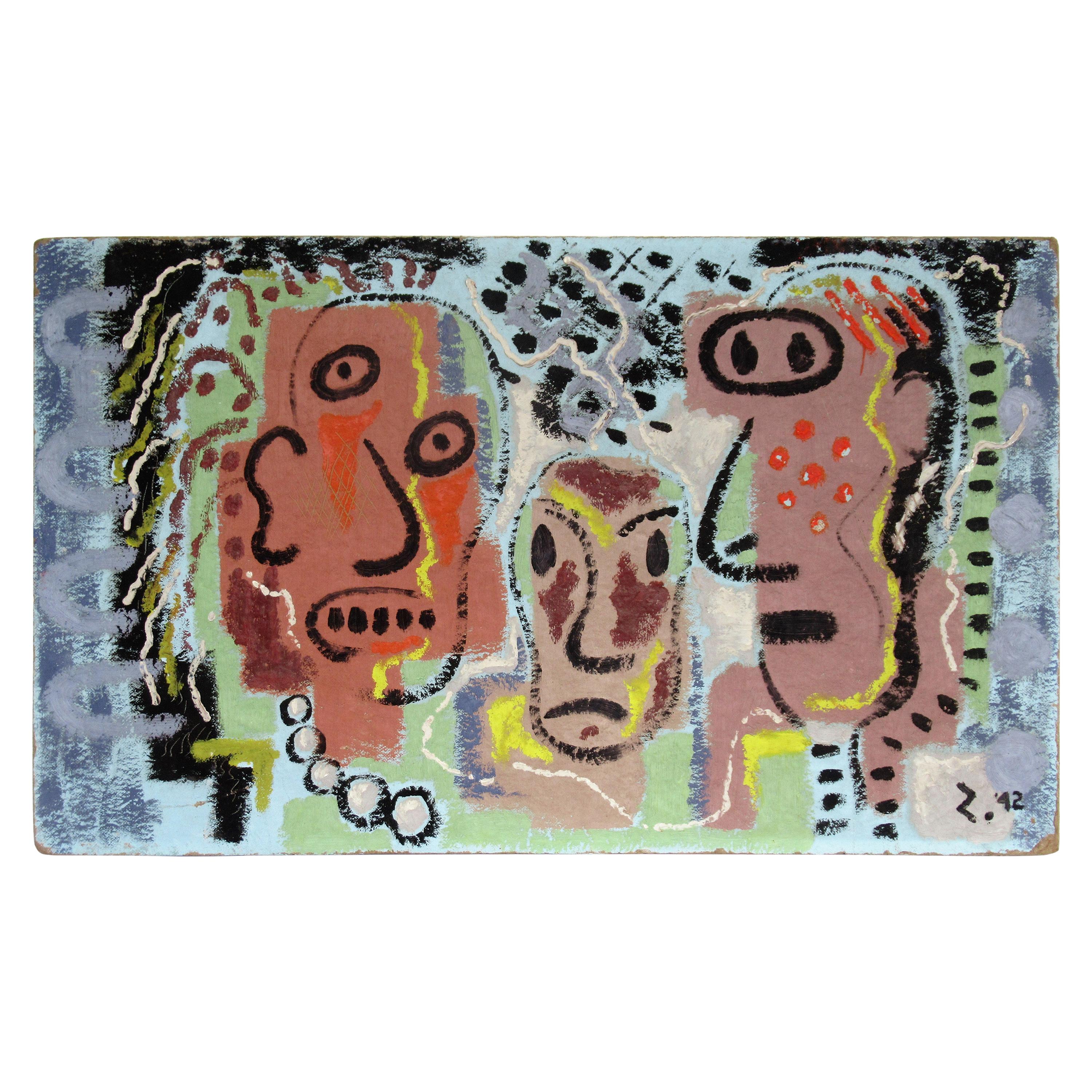 1940s American Modernist Painting of Three Faces