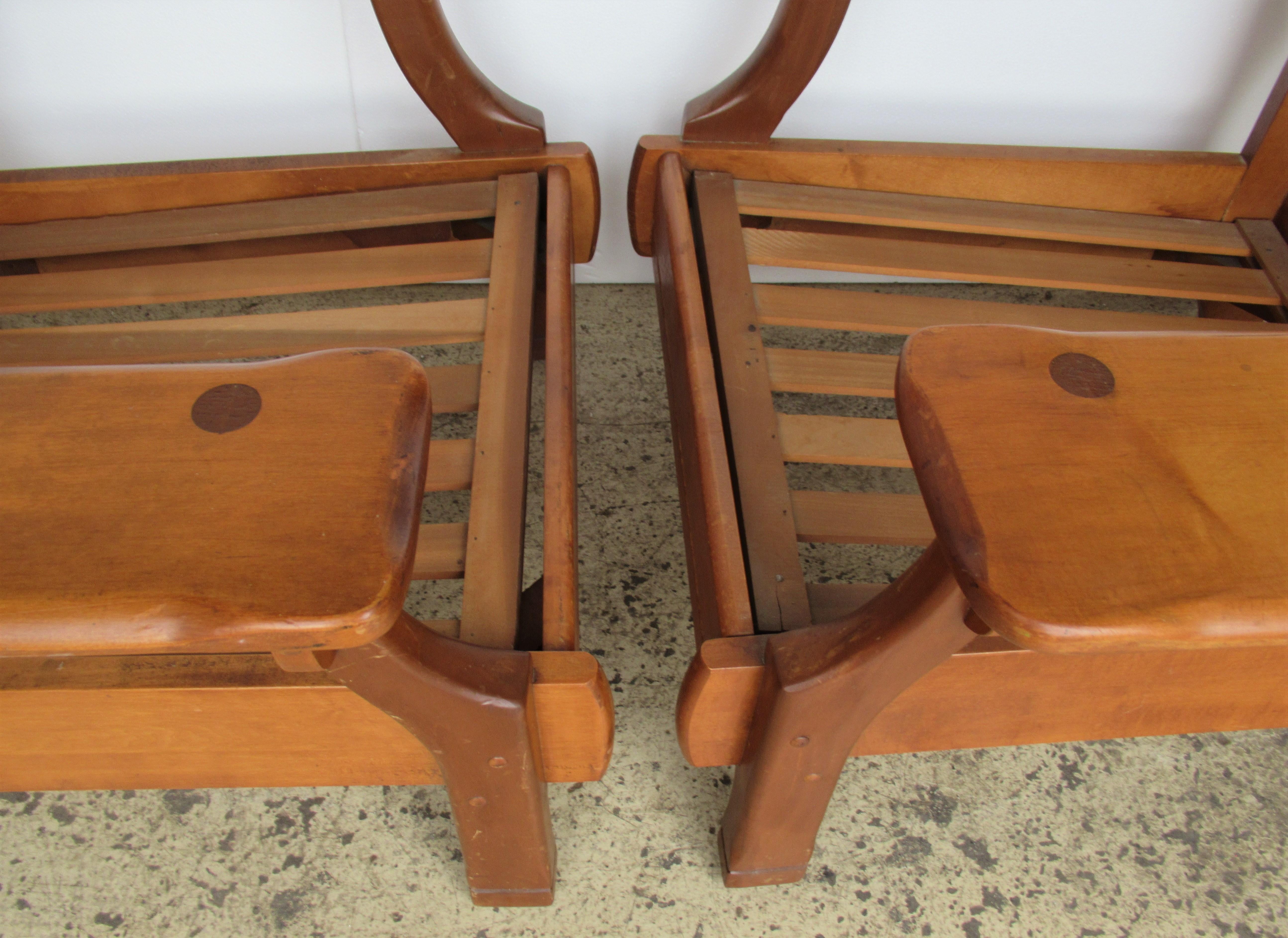 1940s American Rustic Wide Paddle Arm Maple Lounge Chairs 5