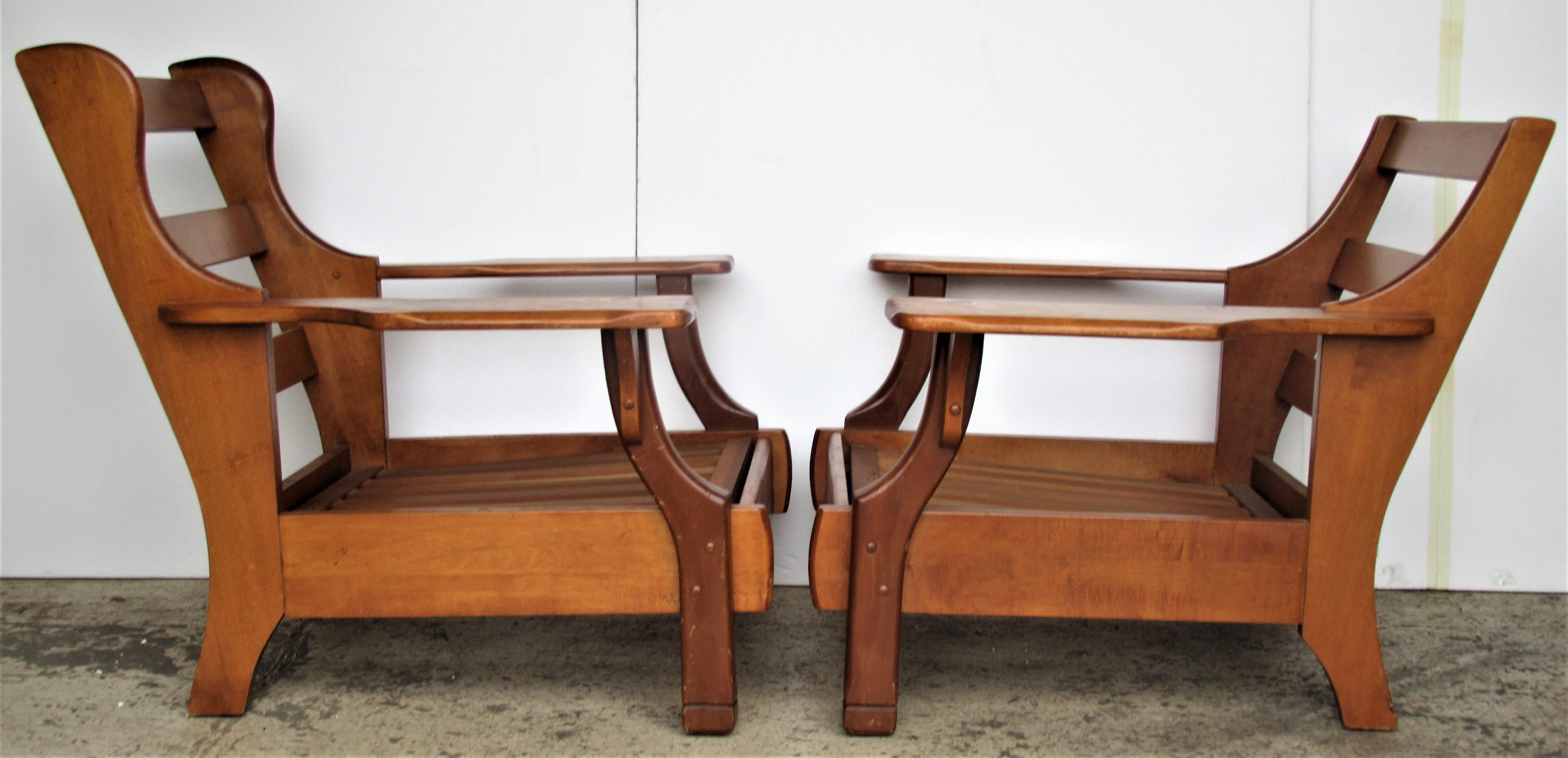 1940s American Rustic Wide Paddle Arm Maple Lounge Chairs 7