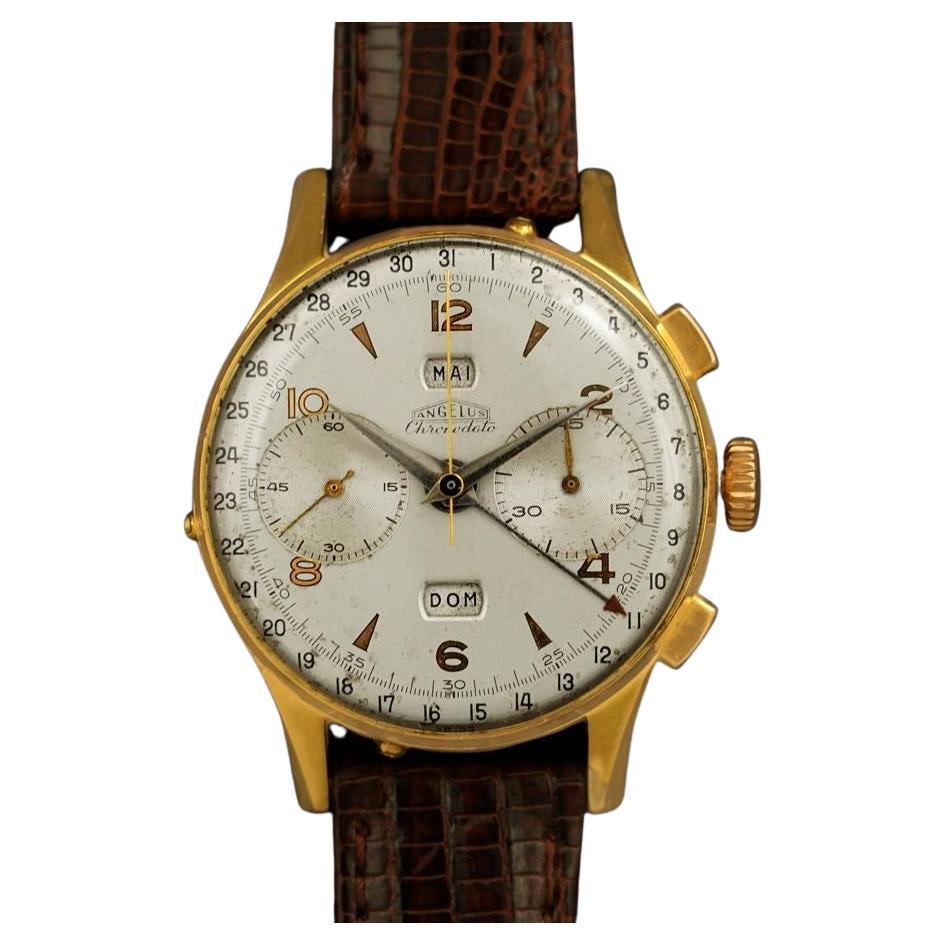 1940
s Angelus Vintage Large Mens Triple Calendar Chronograph, 18K Gold Plated