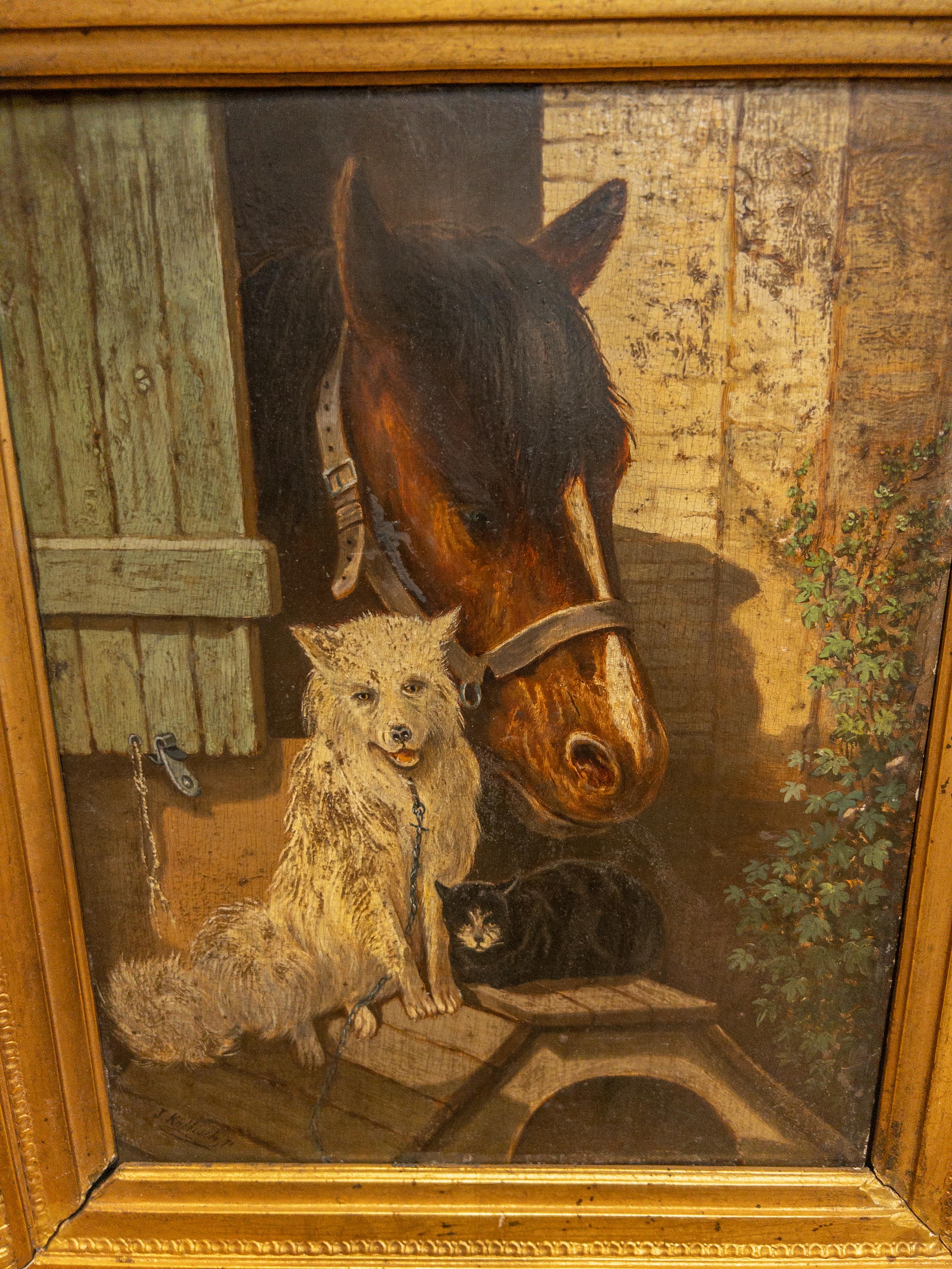 Peinture animalière des années 1940 dans un cadre doré.
