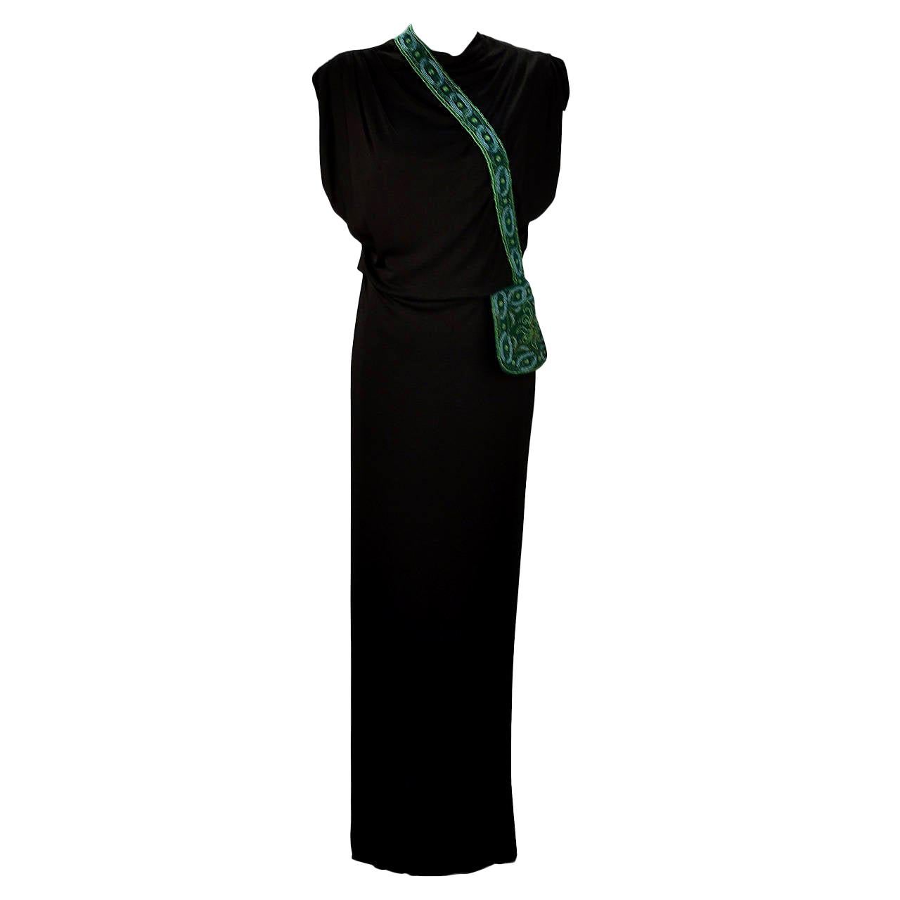 1940s Anita Modes Black Dress with Green Beaded and Appliquéd Purse For Sale