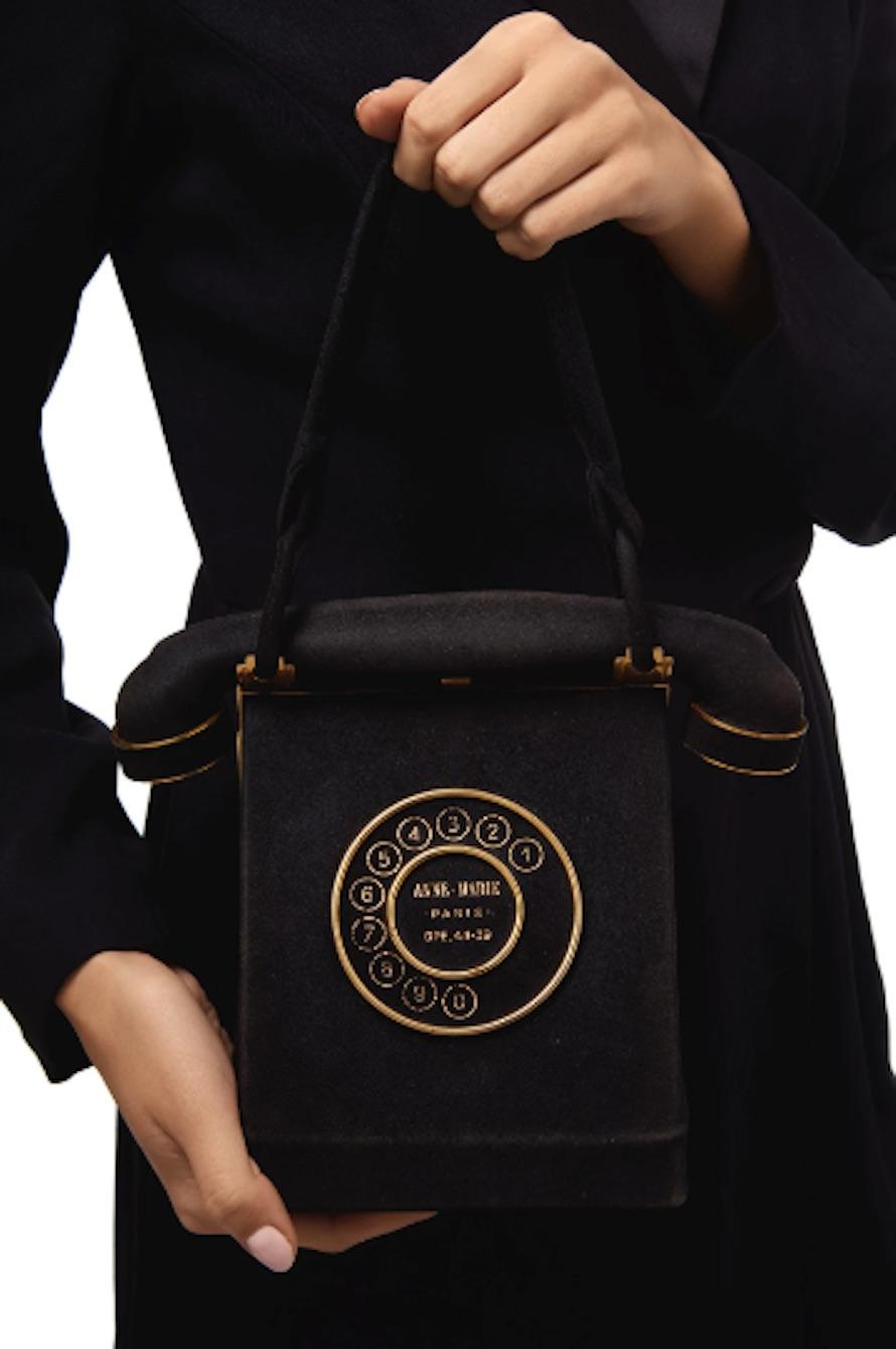 1940s Anne-Marie de Francia Bolsa de teléfono de ante de novedad Negro