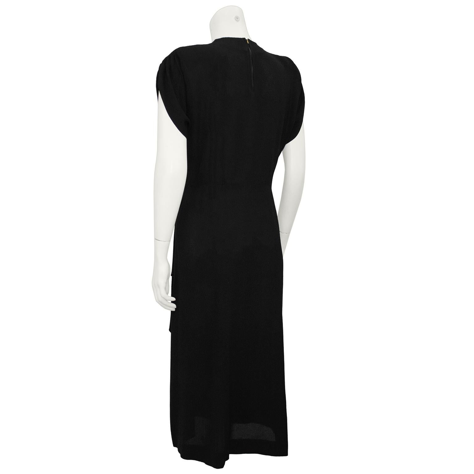 1940s Anonymous Black Crepe Dress with Sequin and Chiffon Neckline In Excellent Condition For Sale In Toronto, Ontario