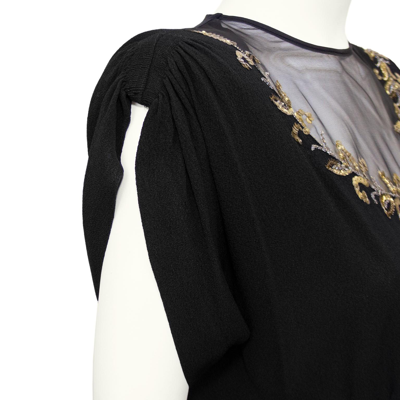 1940s Anonymous Black Crepe Dress with Sequin and Chiffon Neckline For Sale 1